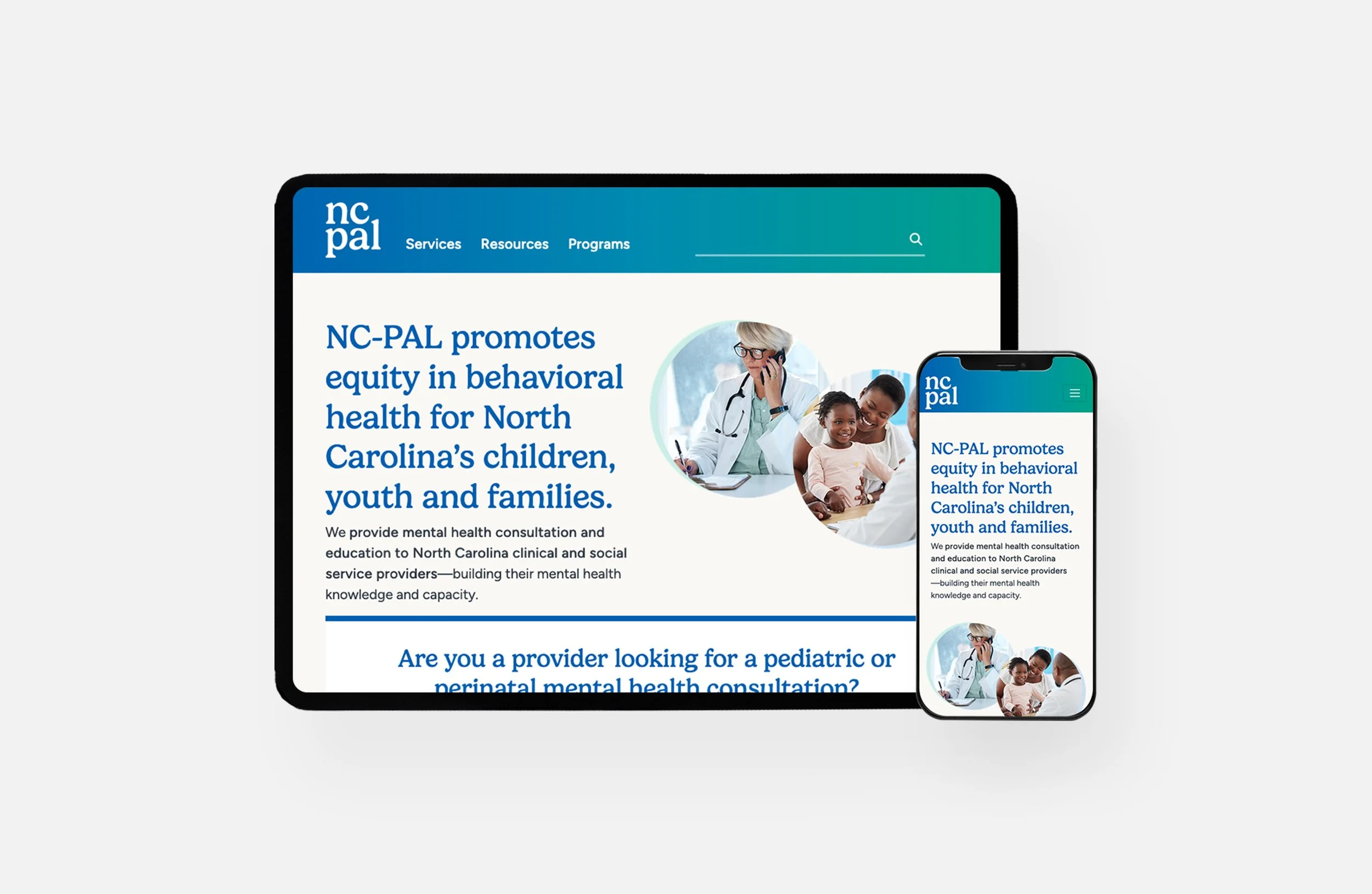The NC-PAL homepage displayed on tablet and mobile showing responsive styles.