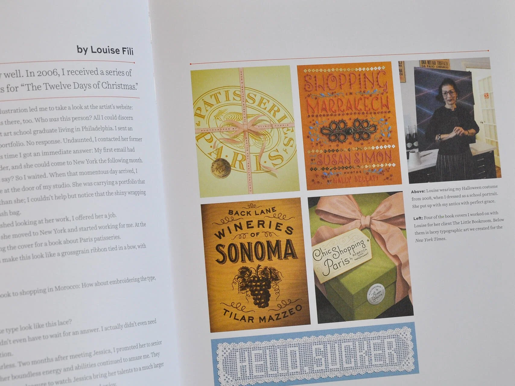 A close-up of Louise Fili's preface with examples of her work with Hische.