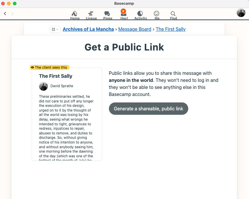 A screenshot of Basecamp, part 2 of generating public links.