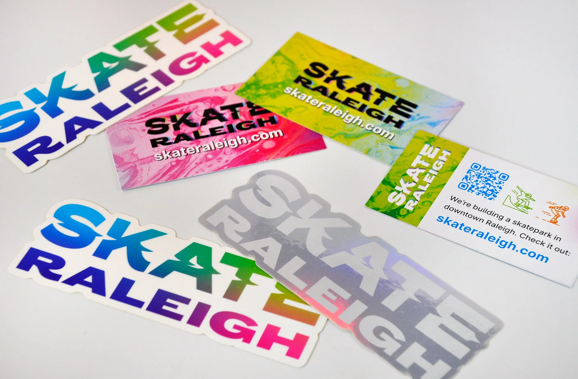 Stickers and promotional cards.