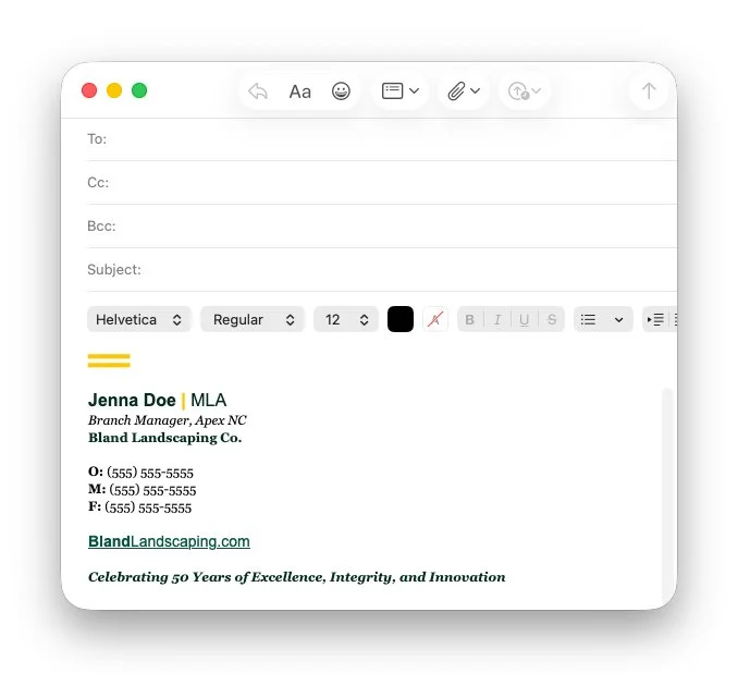 A screenshot of the BLC email signature in Mac Mail.