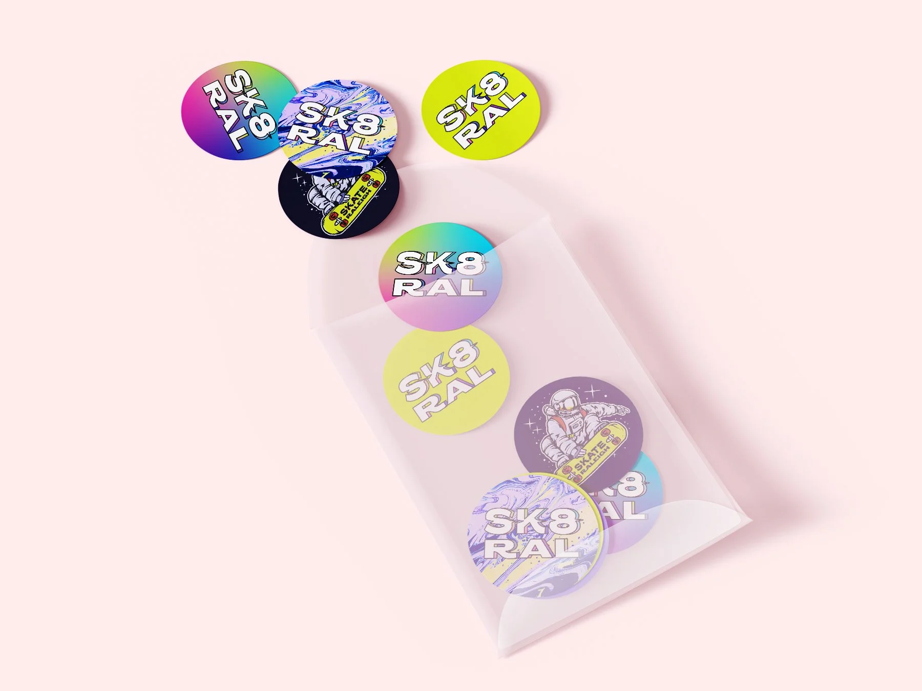 Branded stickers featuring the abbreviated logo.