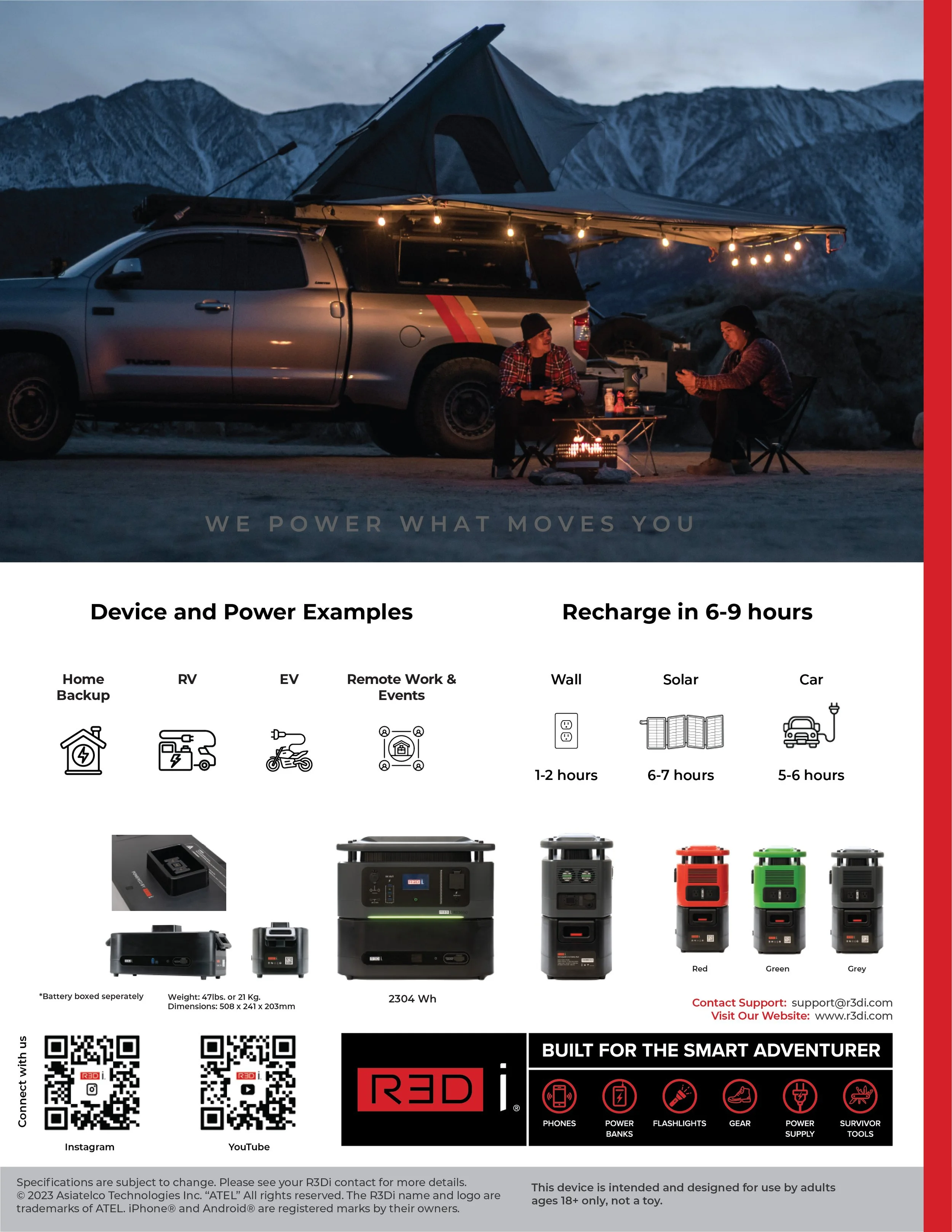 A nighttime outdoor camping scene with a truck that has a rooftop tent and porch, two people sitting at a campfire, mountains in the background, and a banner with the slogan 'We Power What Moves You.'