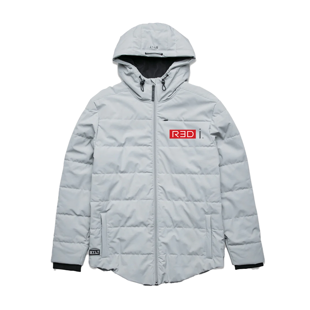 Light gray hooded puffer jacket with black cuffs, zippered front, and branding patches on chest and sleeve.