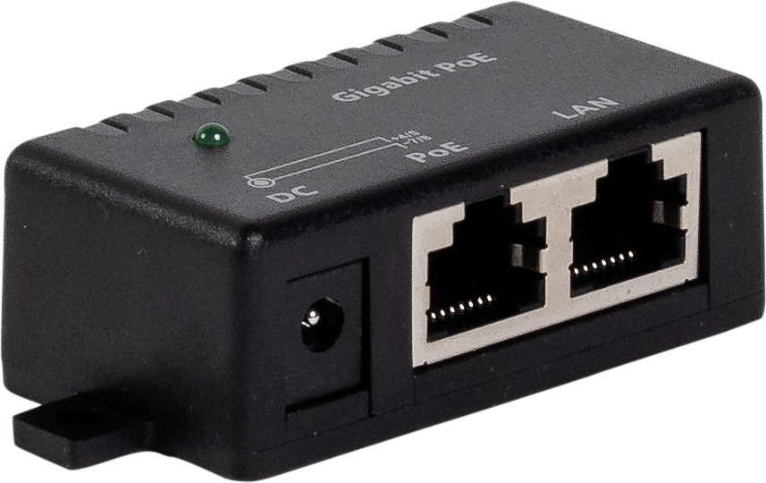 Ethernet splitter device with two RJ45 ports labeled LAN and WAN, a small green status LED, and a DC power input.