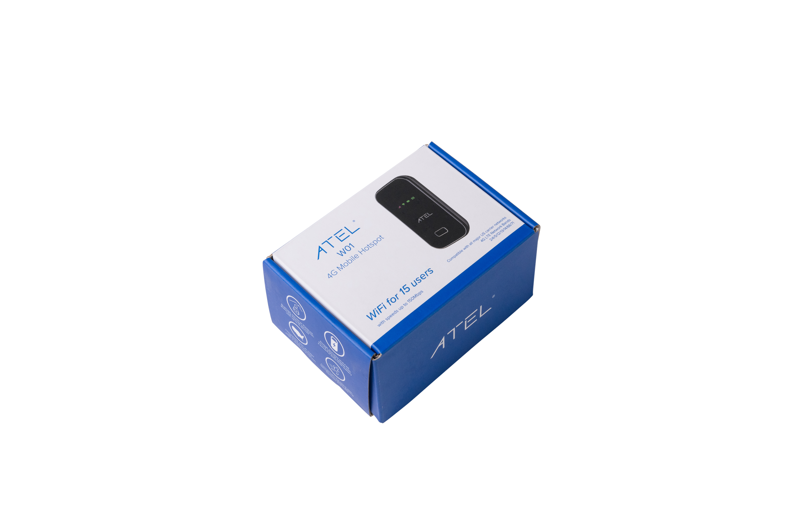 ATEL W01 4G mobile hotspot box with WiFi for 15 users, featuring a picture of the device and blue and white packaging.