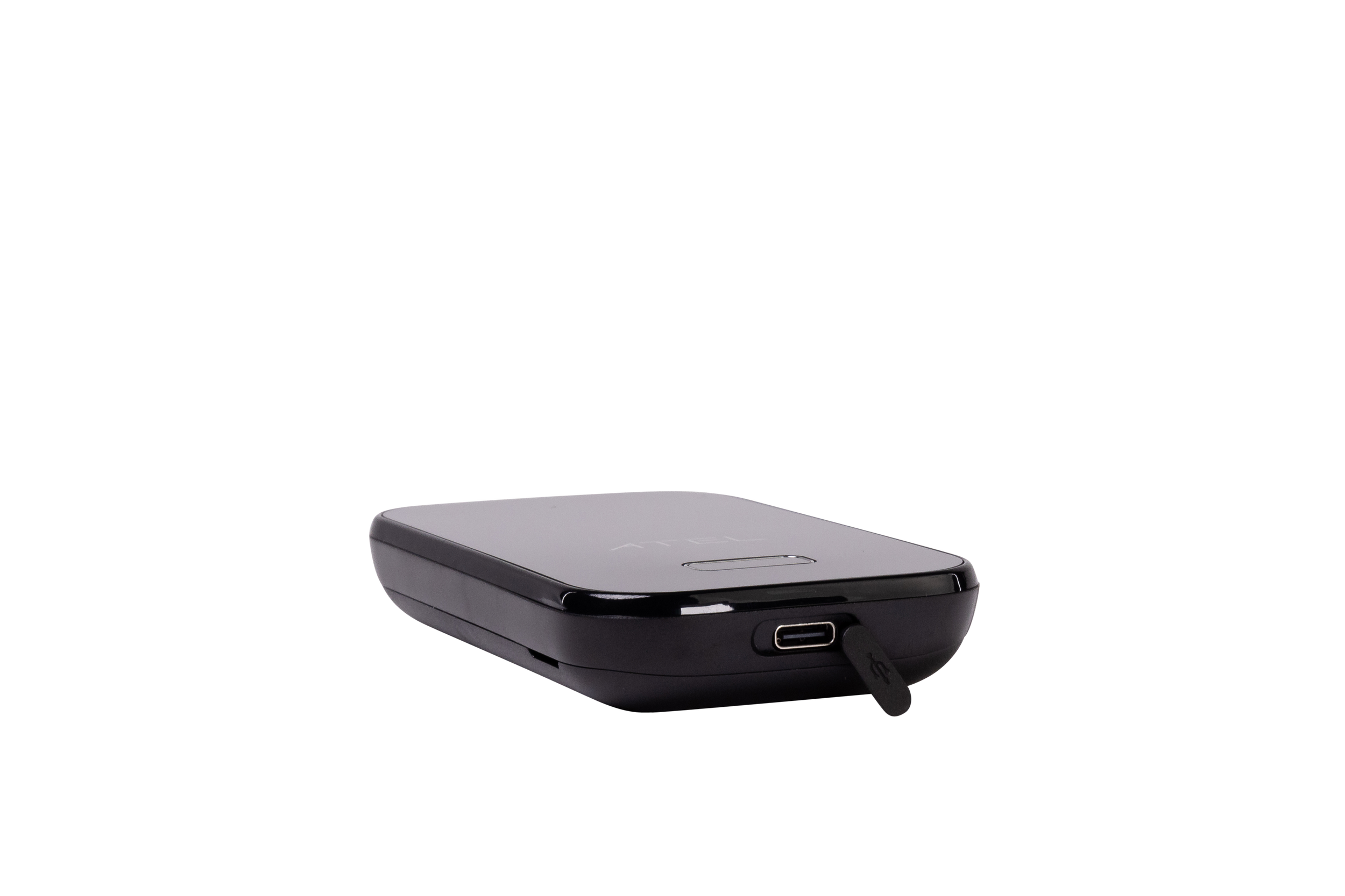 A portable electronic device with a zippered pocket, a USB port, and a zip pull tab.