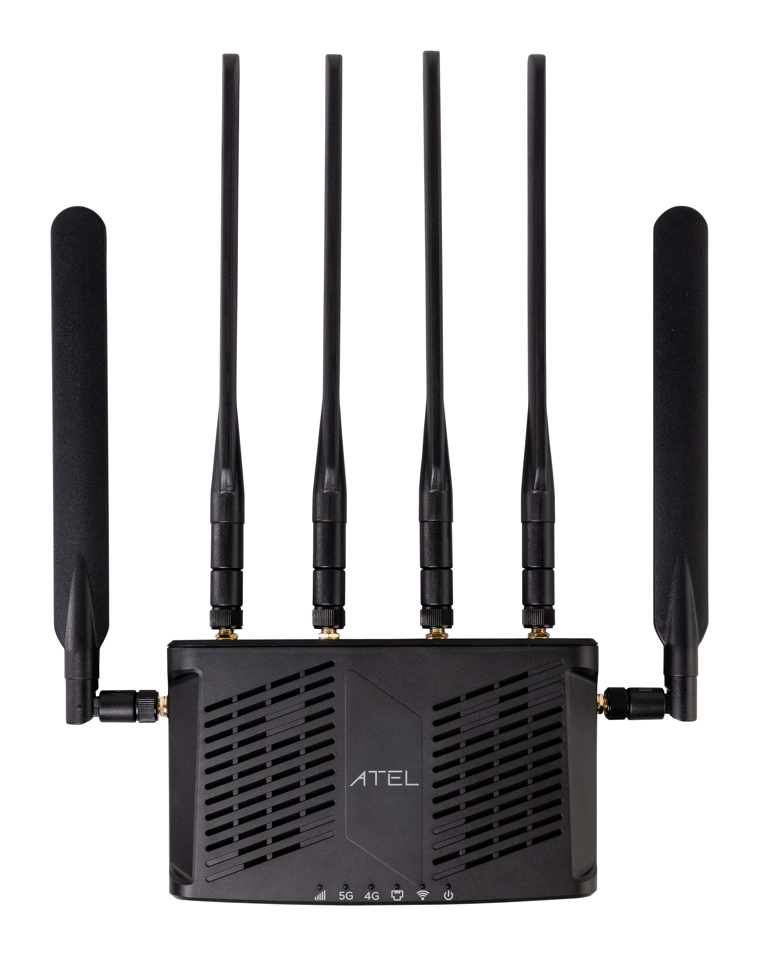 Black wireless router with four antennas and the brand name 'ATEL' on the front, showing indicator lights for signal strength, Wi-Fi, 4G, 5G, and power.