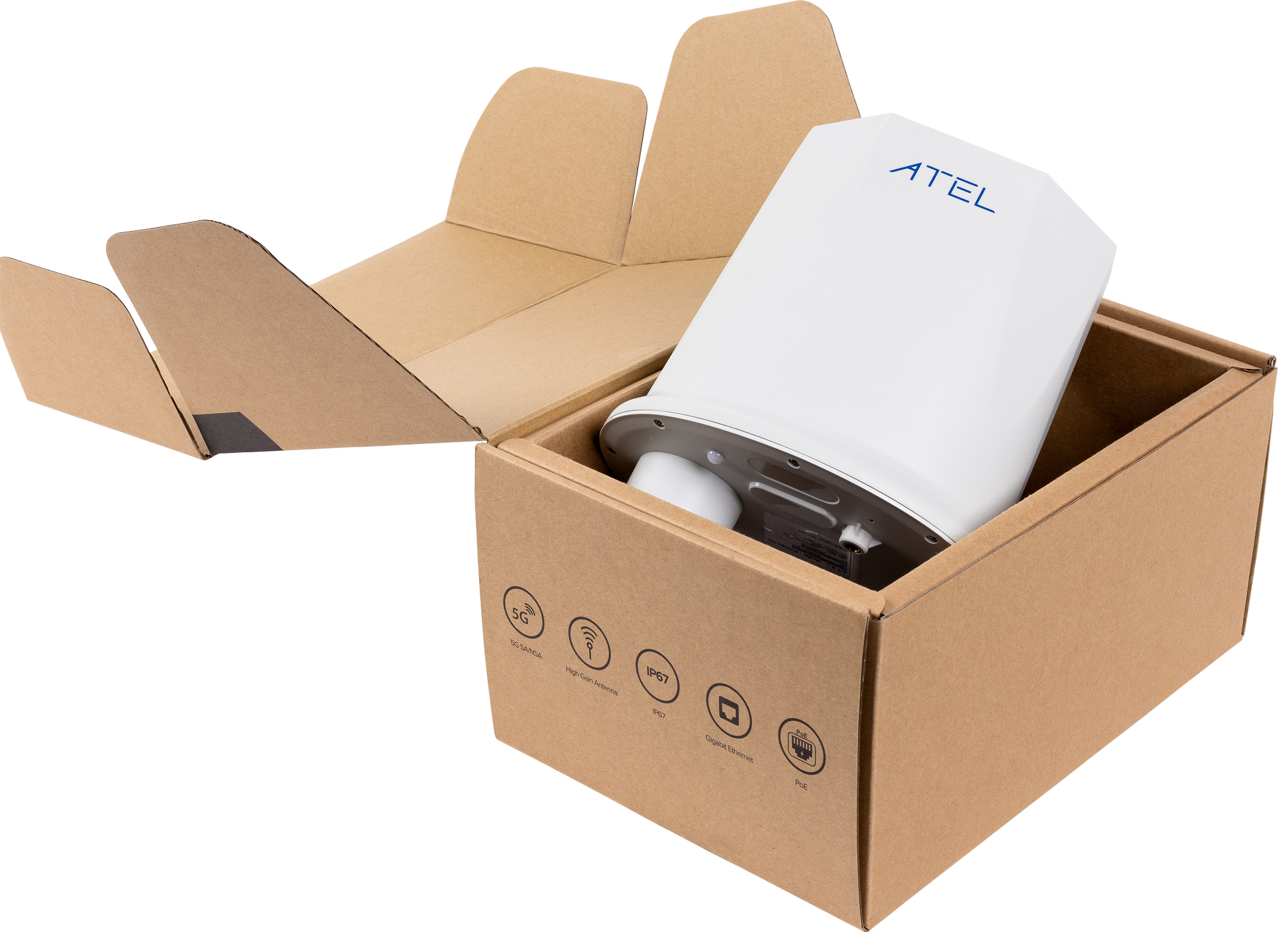 Telecom device in open cardboard box