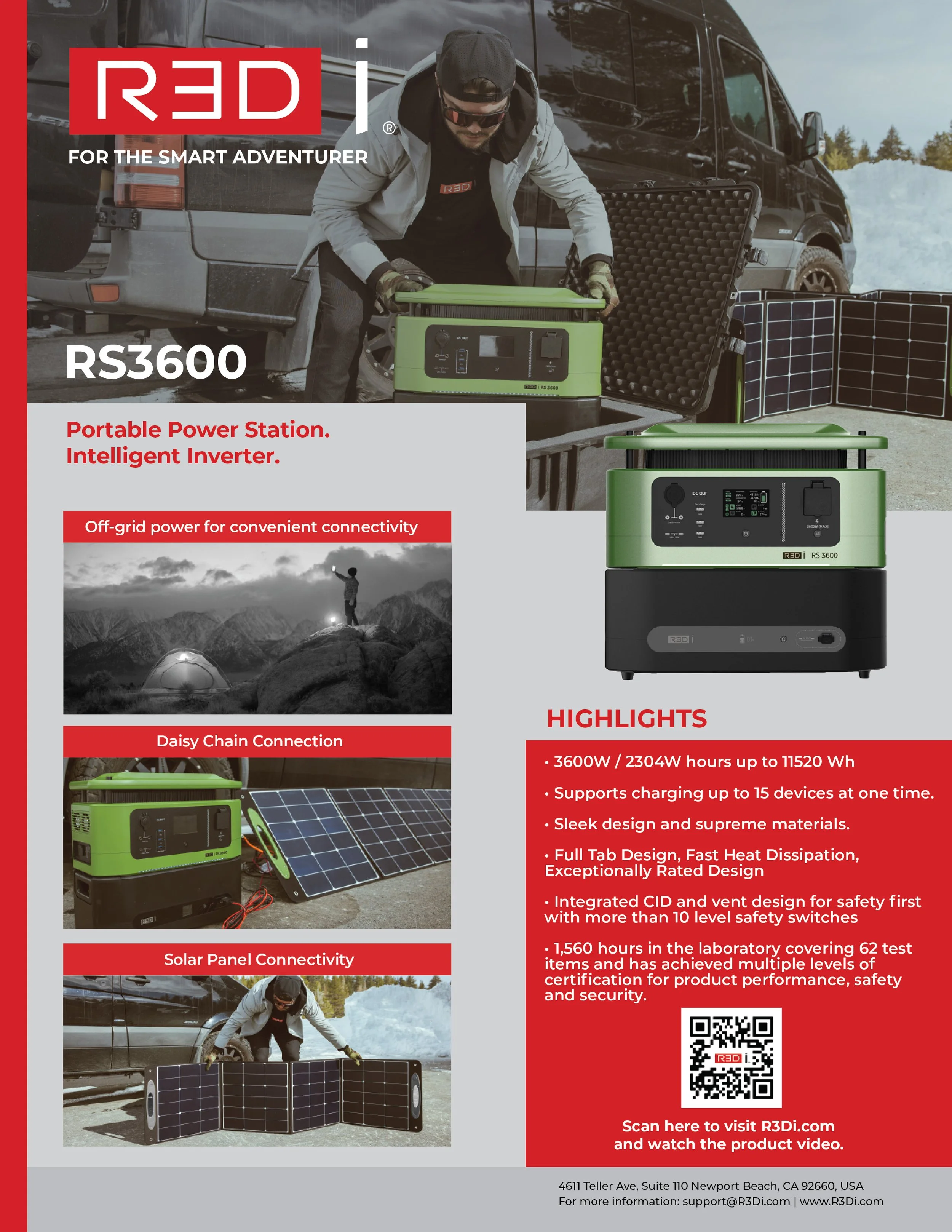 Advertisement for the R3DI RS3600 portable power station featuring off-grid use, daisy chain connection, and solar panel connectivity with highlights including high watt hours, device support, sleek design, safety features, and certification details.