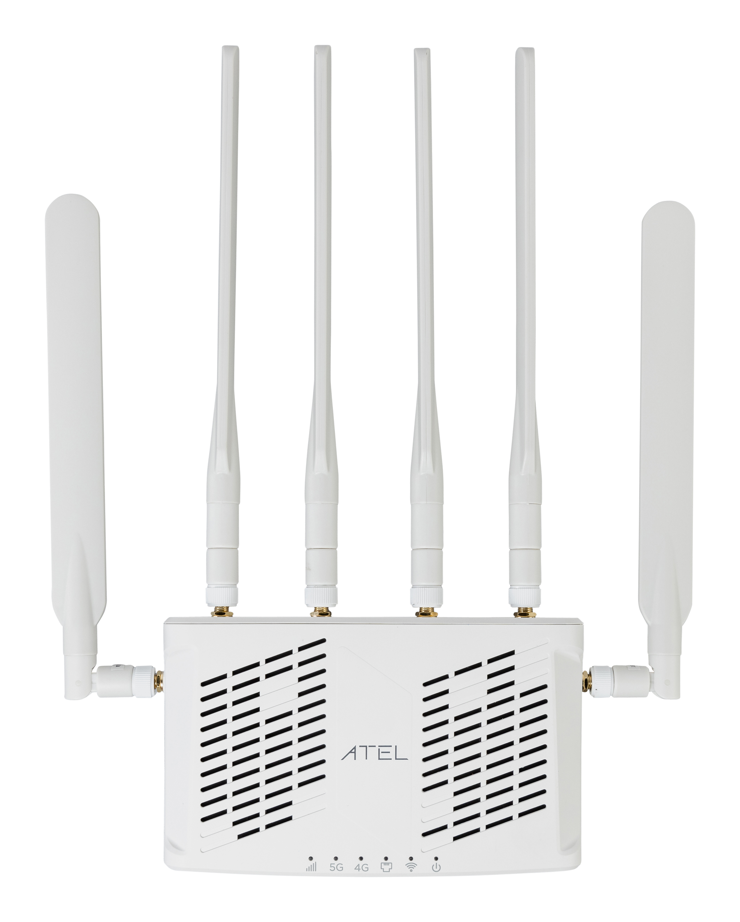 White ATEL Wi-Fi router with five antennas, set against a black background.