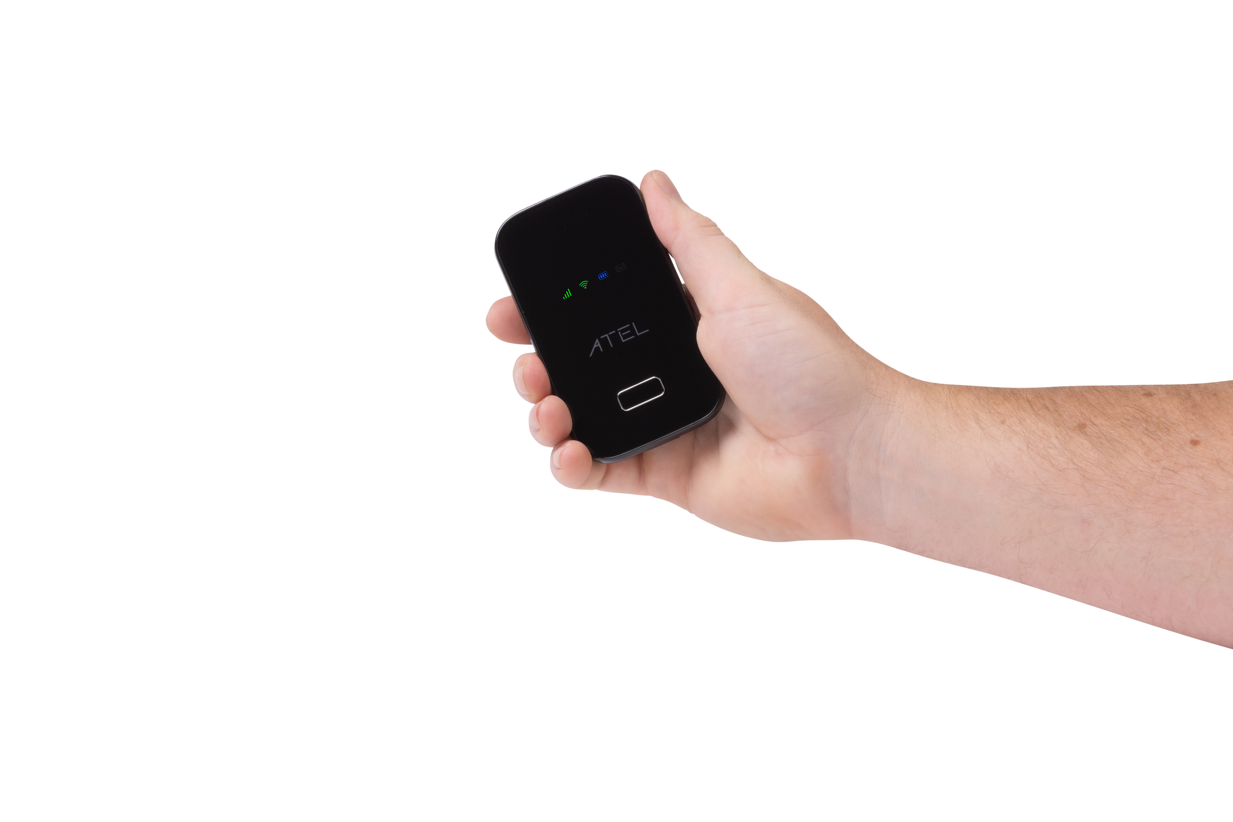 Hand holding a small ATEL mobile Wi-Fi device with signal indicators on a black background.