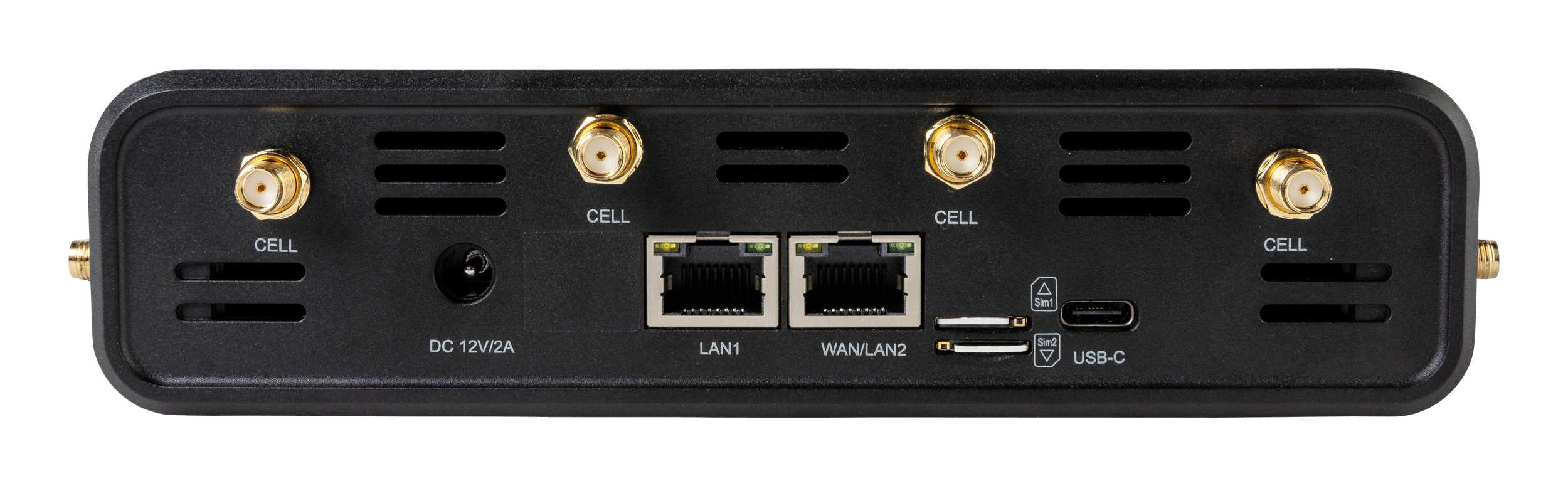 A black electronic device with multiple gold-colored antenna connectors and various ports, including Ethernet, USB-C, and power input.