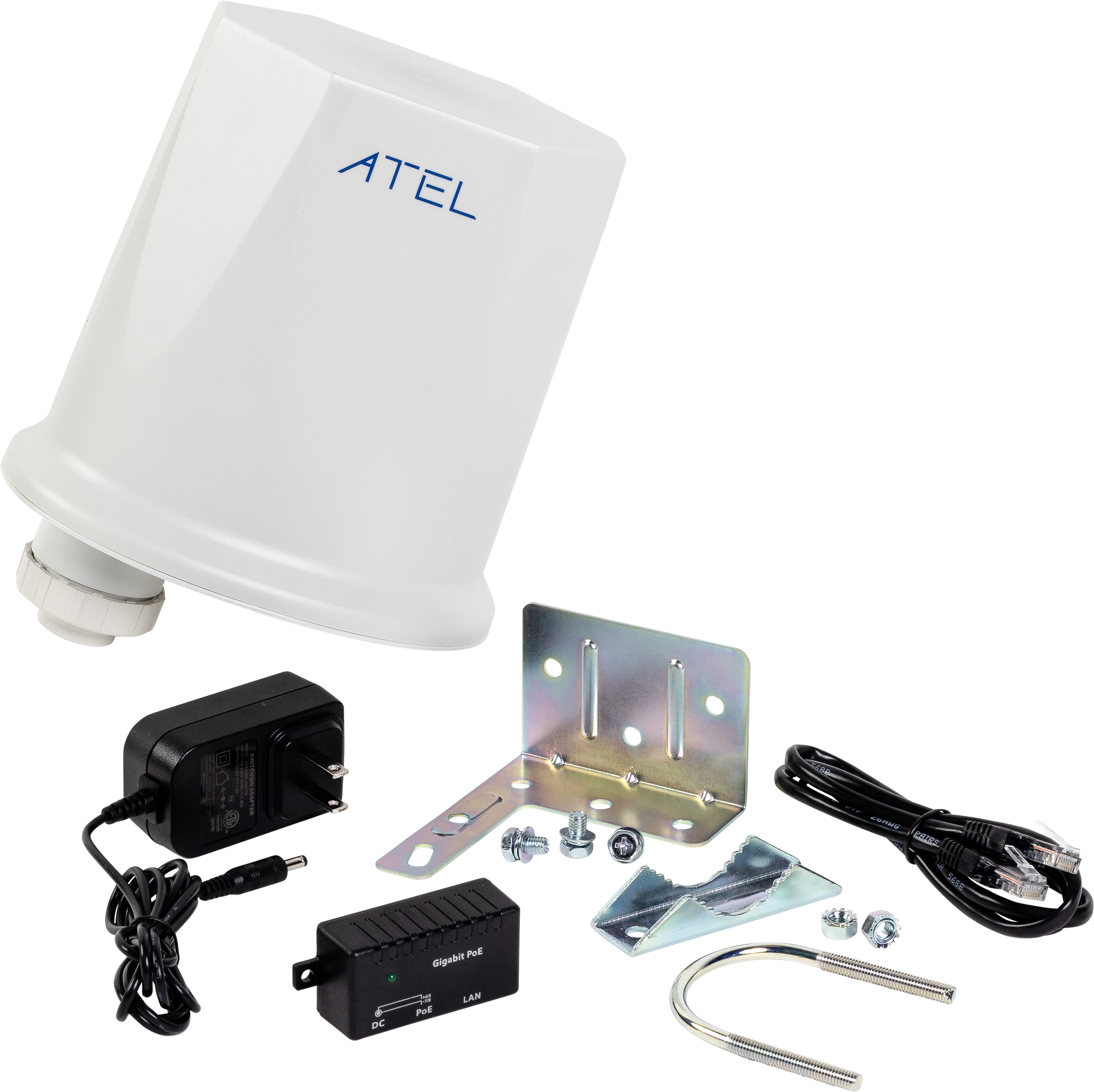 A white ATEL-branded outdoor LTE router with various accessories including power adapters, mounting brackets, Ethernet cable, and a PoE injector.