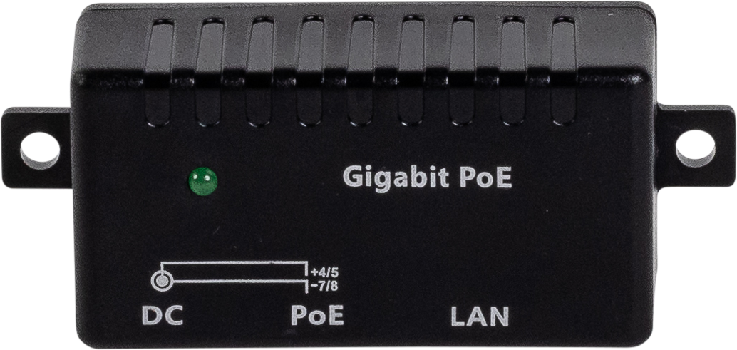 A black Gigabit Power over Ethernet (PoE) splitter device with DC, PoE, and LAN ports, a green status indicator light, and labeled connections for +4/5V and -7/8V power output.