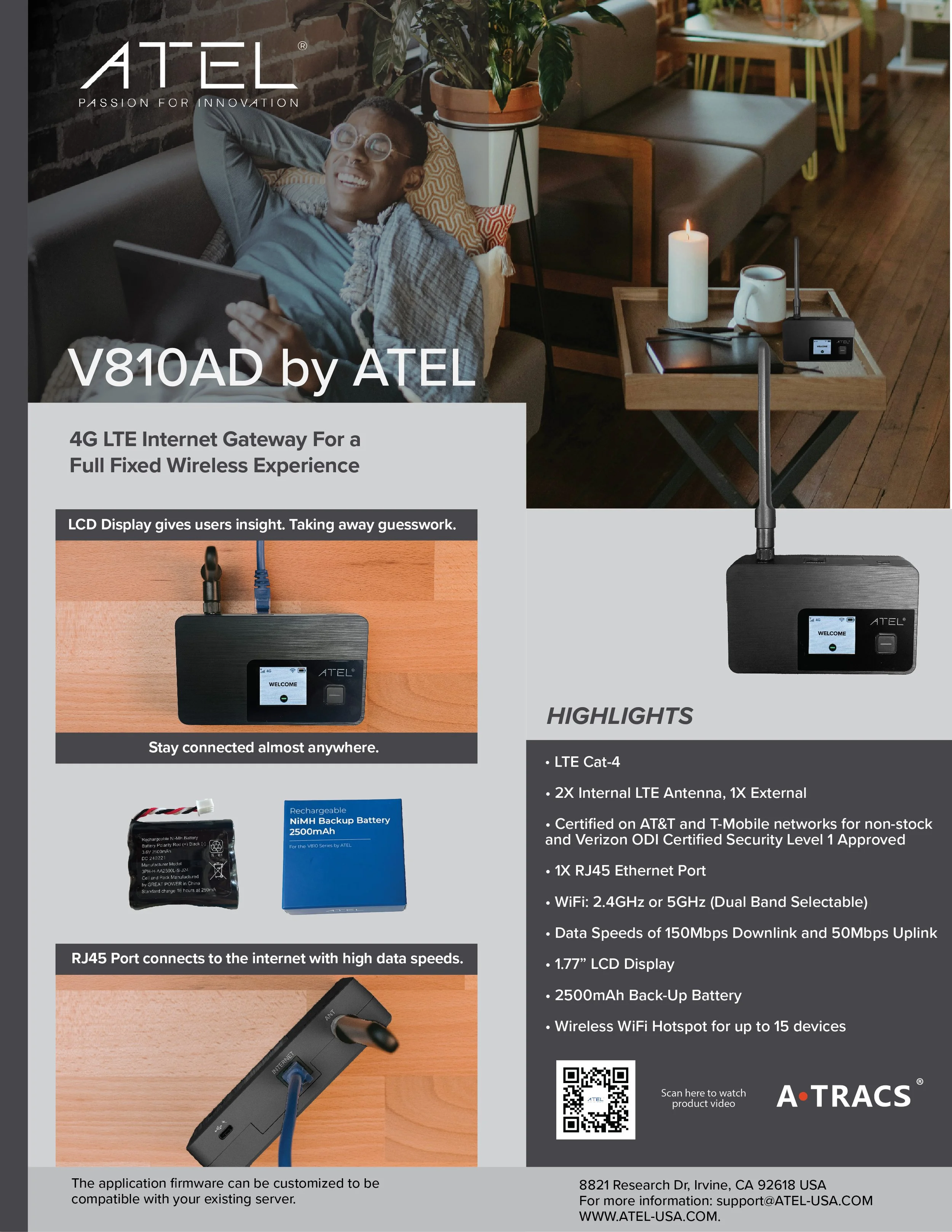 Product flyer for ATEL V810AD 4G LTE wireless internet gateway, featuring a woman relaxing on a couch with a tablet in a cozy home setting. Includes images of the device, backup battery, and Ethernet port, with specifications and features listed on t