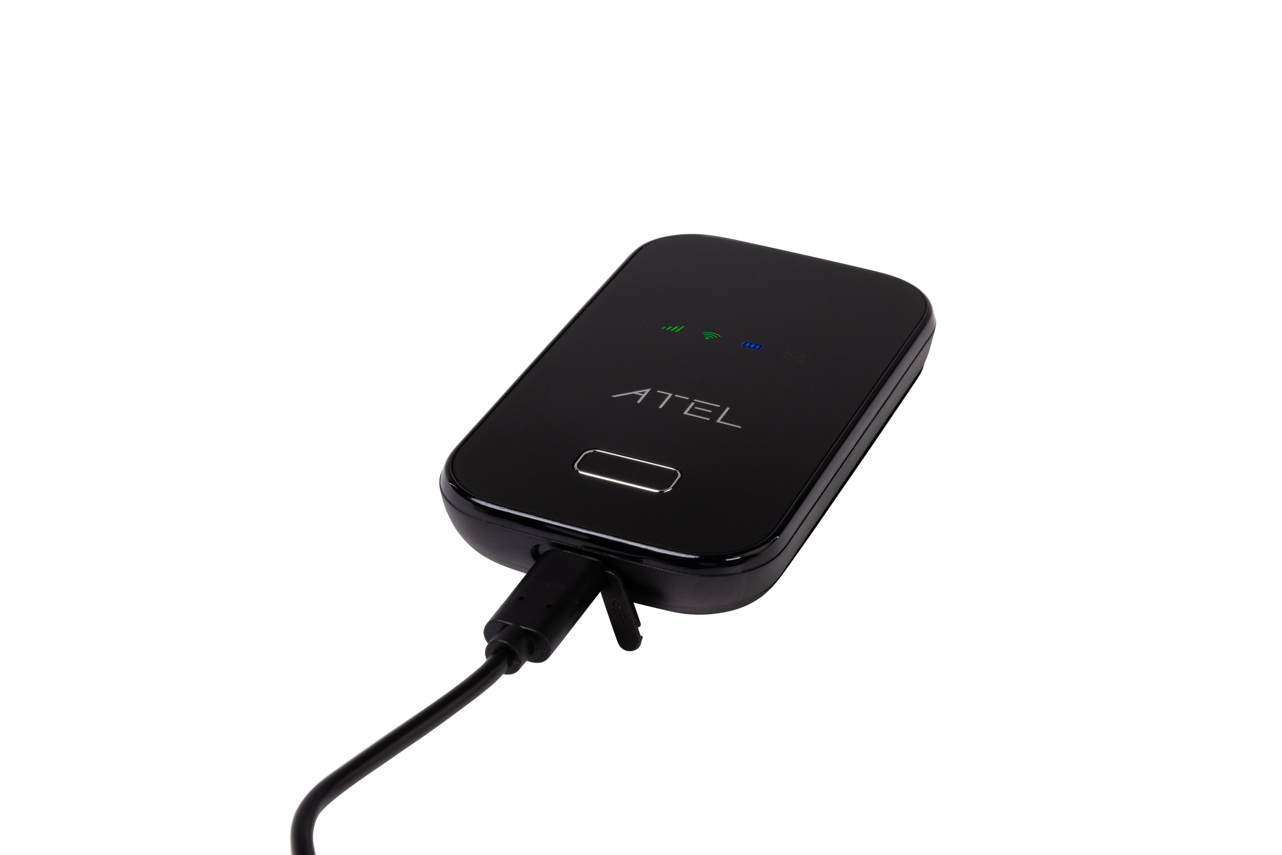 Black mobile hotspot device with ATEL branding, connected to a power source, with indicator lights showing signal, Wi-Fi, and battery status.
