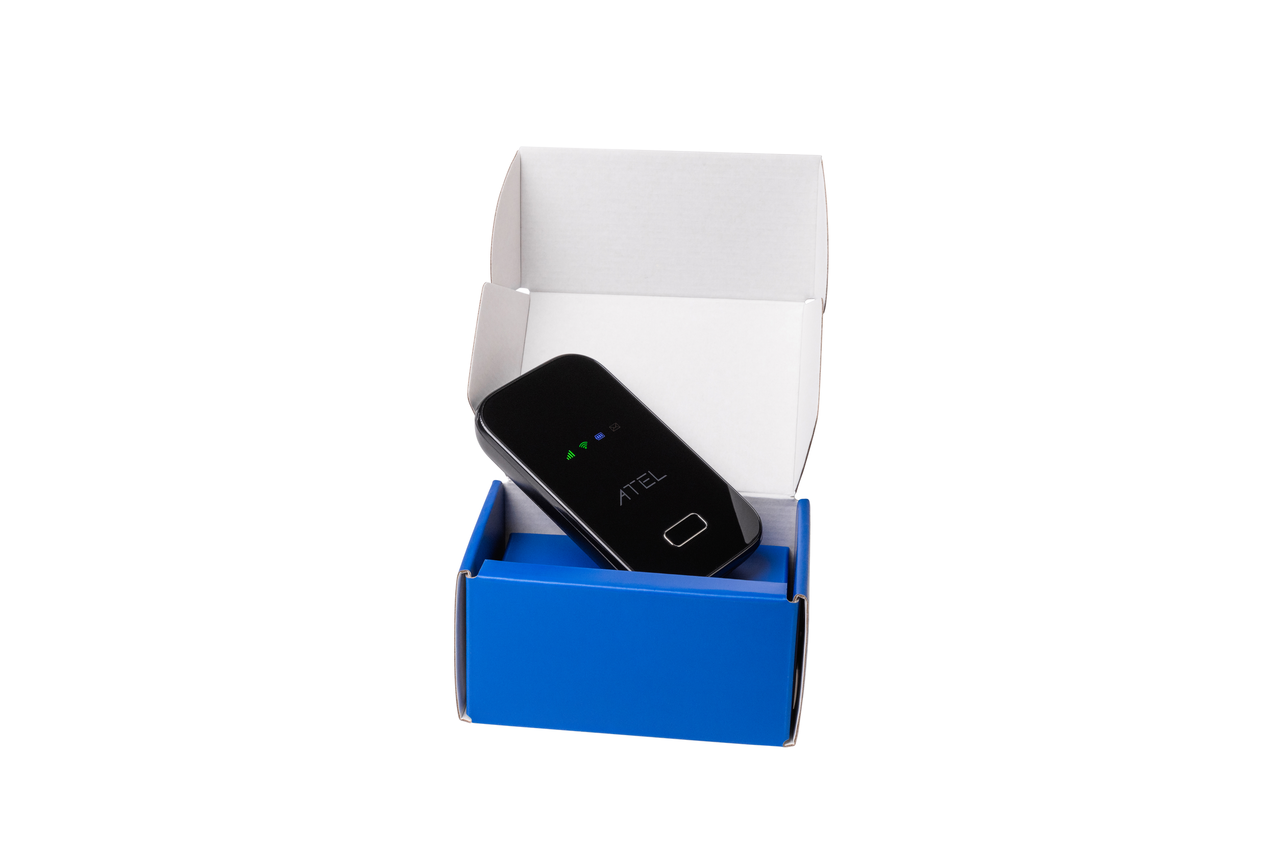 A black ATEL portable Wi-Fi router inside a white and blue cardboard box.