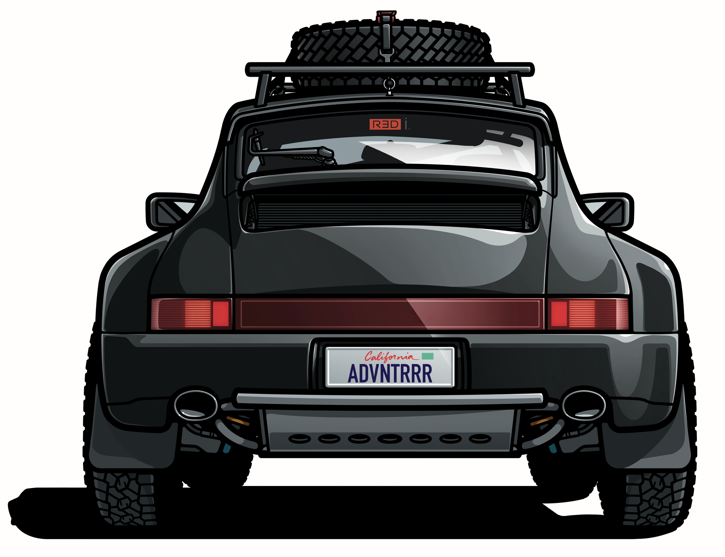 Front view of a black sports car with a spare tire on the roof, a California license plate that reads "ADVNTRRR," and various modifications.