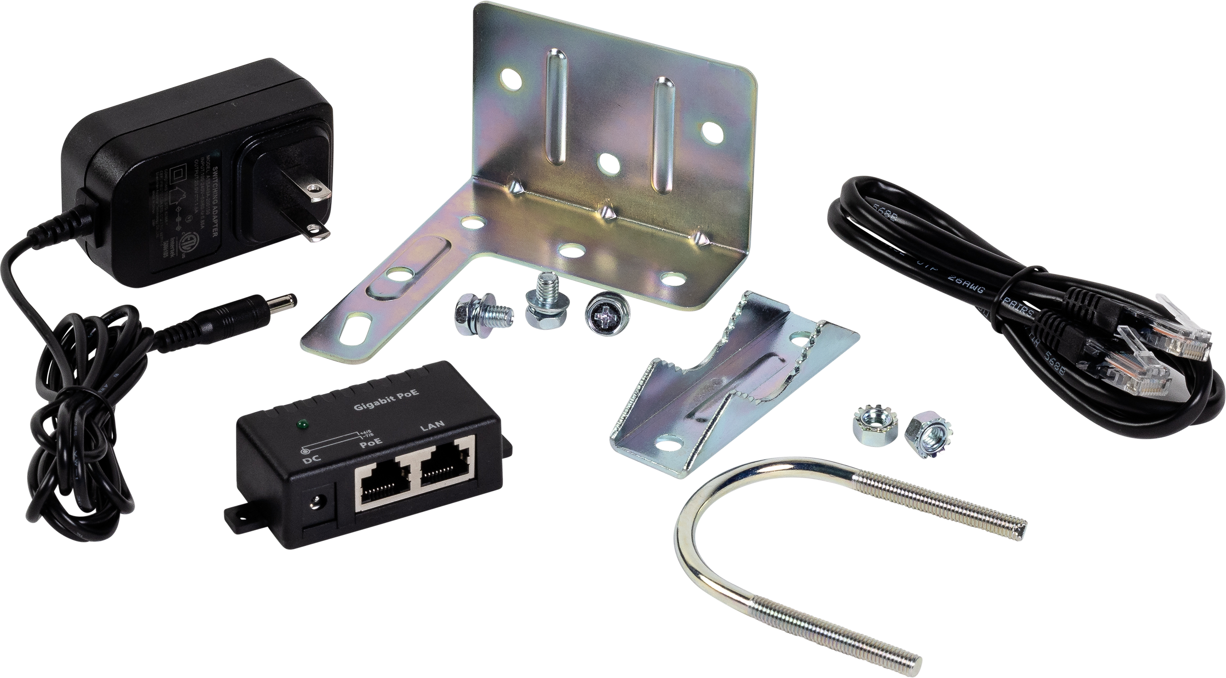Components for network installation, including power adapter, Ethernet cable, mounting brackets, screws, nuts, and a network burst