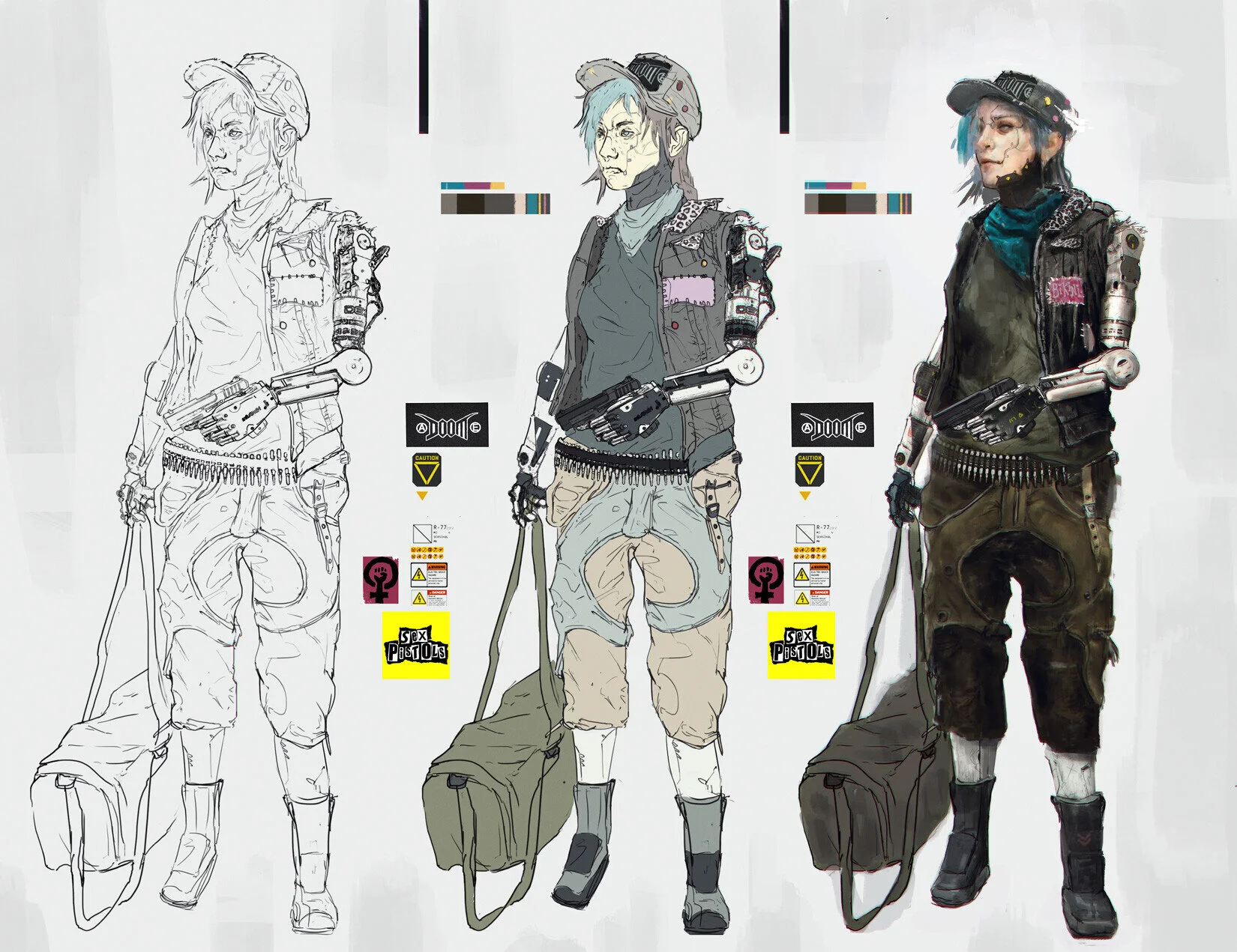 cyberpunk character drawing and render