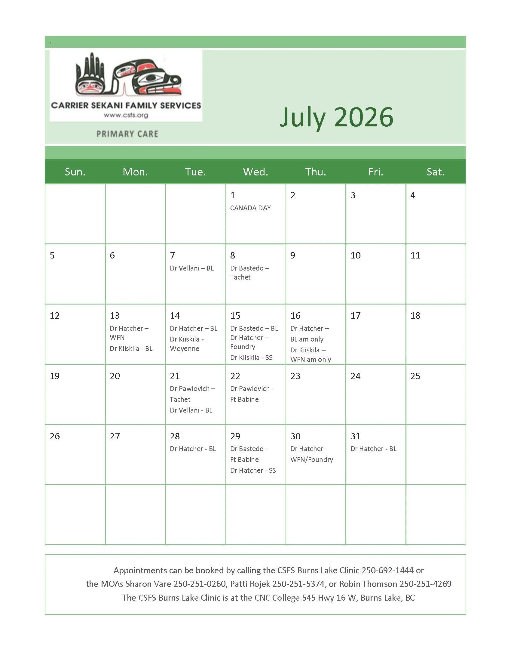 Carrier Sekani Family Services July Calendar 