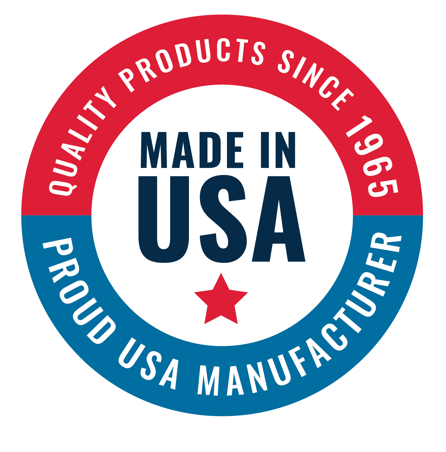 Circular badge with red, white, and blue sections. Red says 'Quality Products Since 1965' and blue says 'Proud USA Manufacturer'. At the center, it says 'Made in USA' with a red star below.