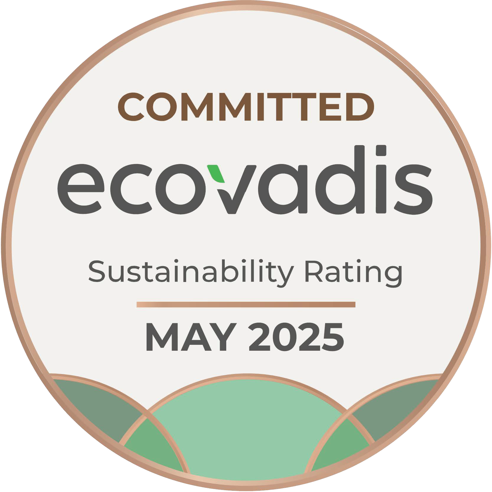 An eco-friendly certification badge with the words 'Committed' at the top, the EcoVadis logo in the center, 'Sustainability Rating' below it, and 'May 2025' at the bottom. The badge has a circular design with green and brown accents.