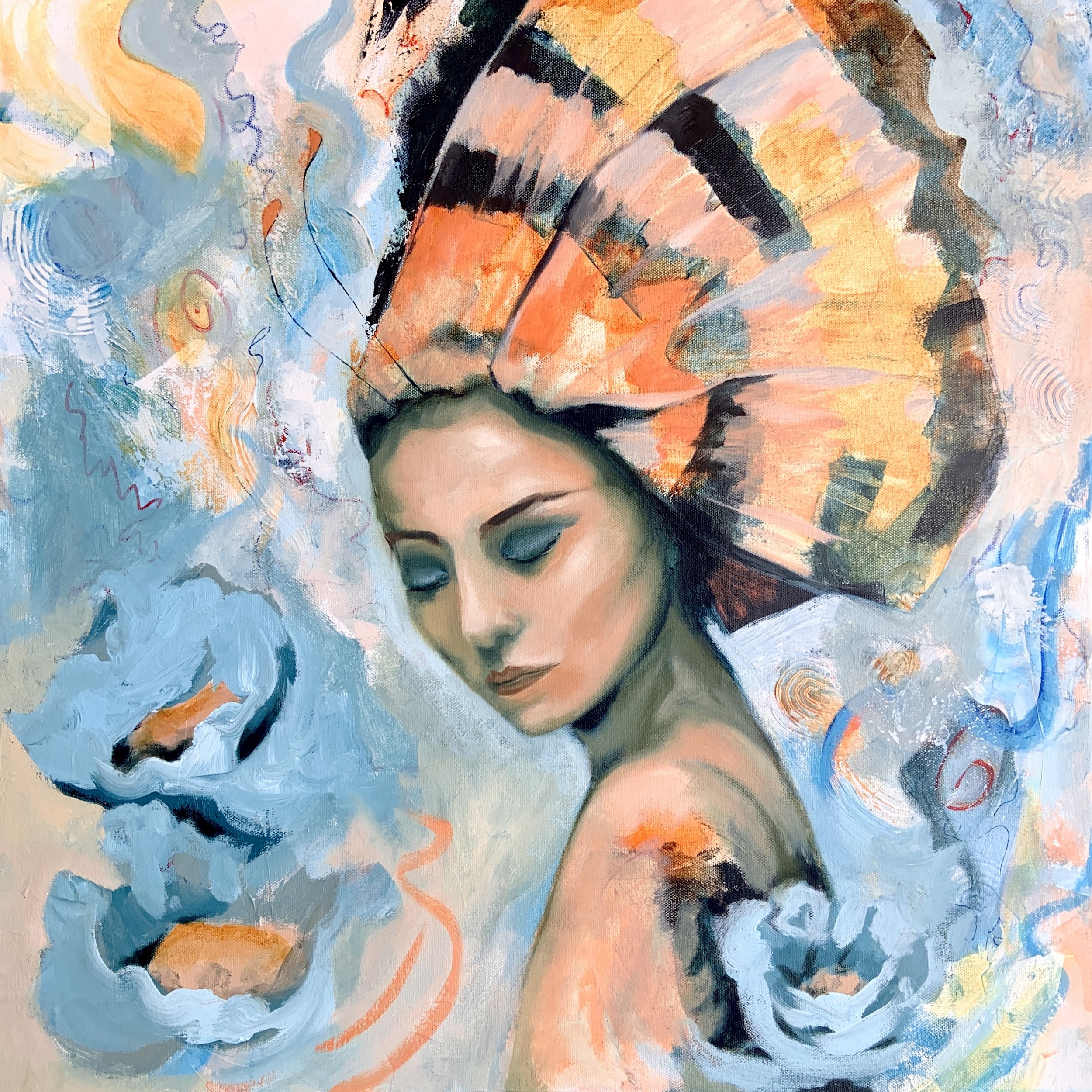 Radiant Evolution
celebrates the enchanting and transformative power of the natural world. The painting portrays a harmonious fusion of a butterfly and a young woman, blurring the boundaries between the two. It captures a serene and ethereal mome