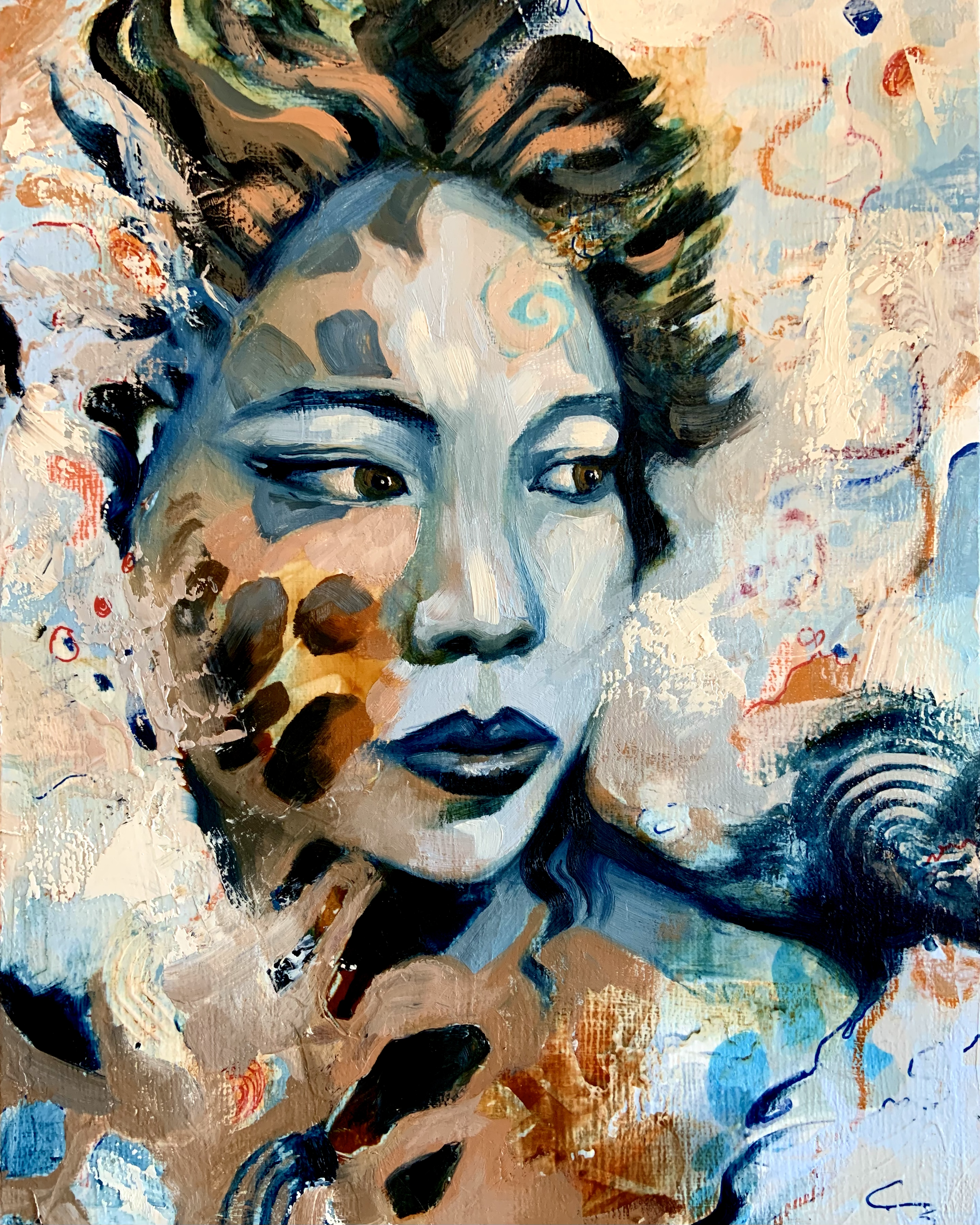 Elegant Ascendance
is a striking and symbolic artwork. The painting features a humanoid woman with giraffe features, and she is depicted in a manner that exudes strength, elegance, and a sense of upward movement.
It symbolizes the individual's d