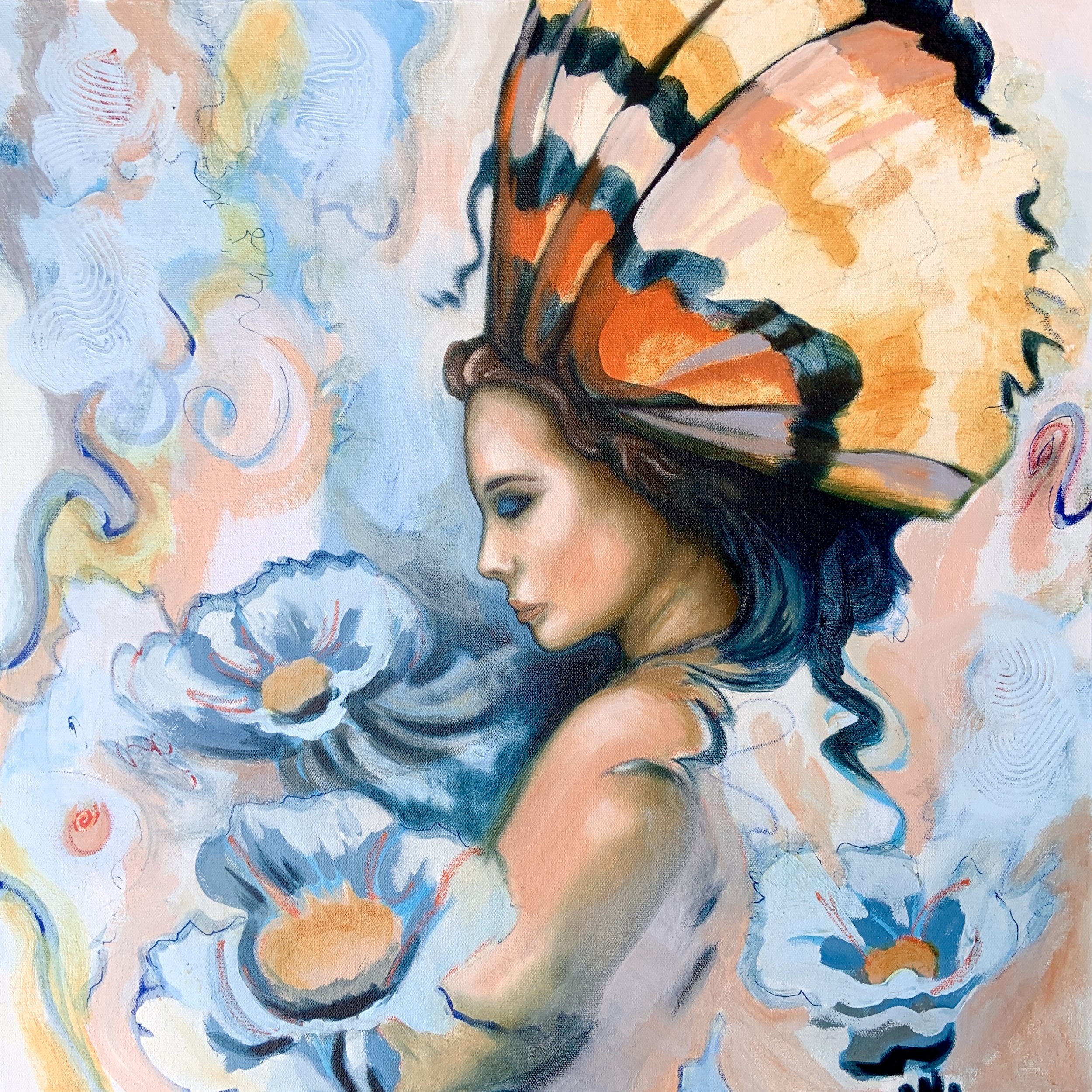 Awakening Wholeness
portrays a radiant moment in the process of personal growth and transformation. The portrait melds human and butterfly features to give a sense of inner luminosity as the subject undergoes a profound metamorphosis.
The artwor