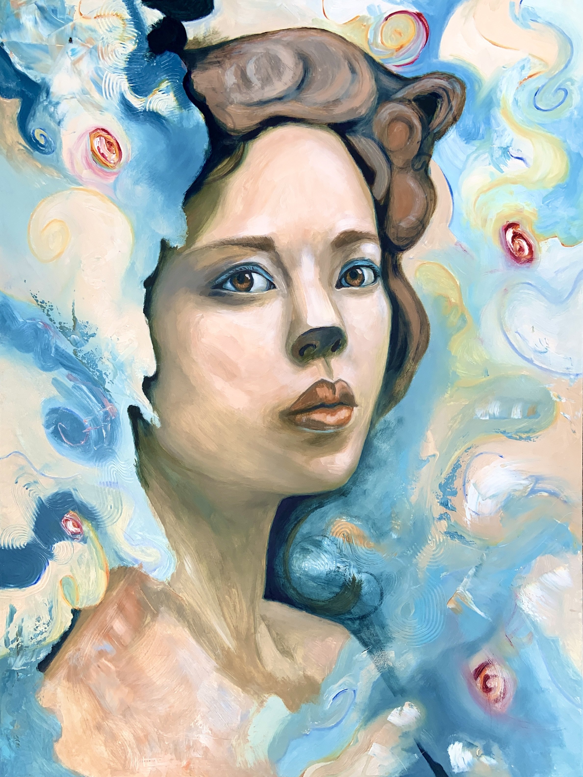 Guardian's Embrace
invokes a sense of protection, shelter, and nurturing. In this painting, a humanoid woman with bear features exudes an aura of strength and maternal instinct.
The painting encapsulates the essence of "Embracing Becoming" by po