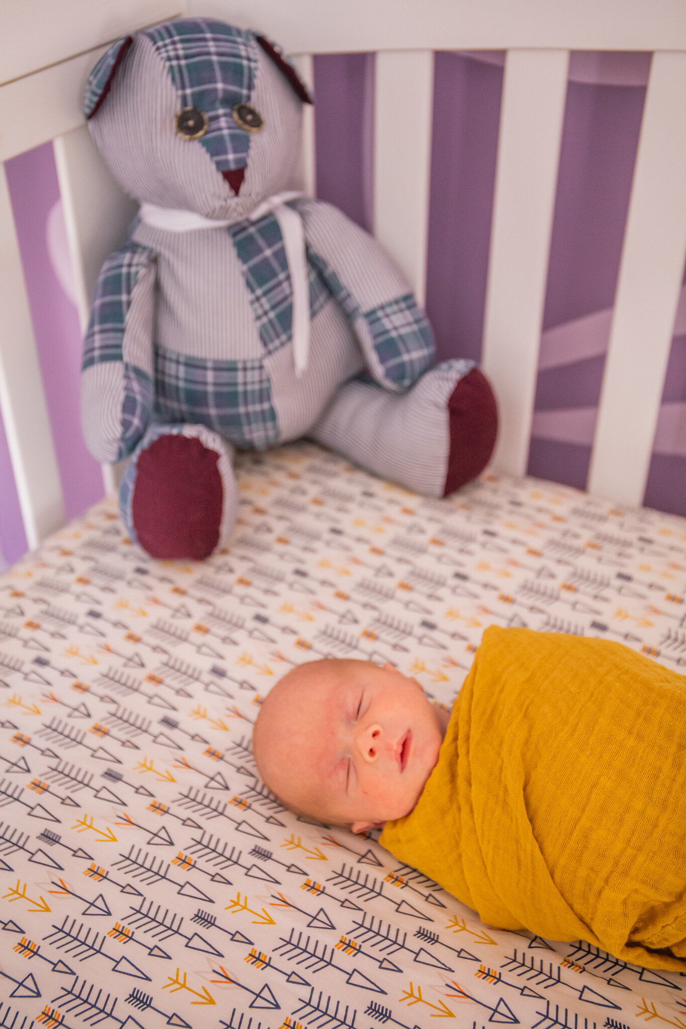 Newborn session, baby asleep in a crib