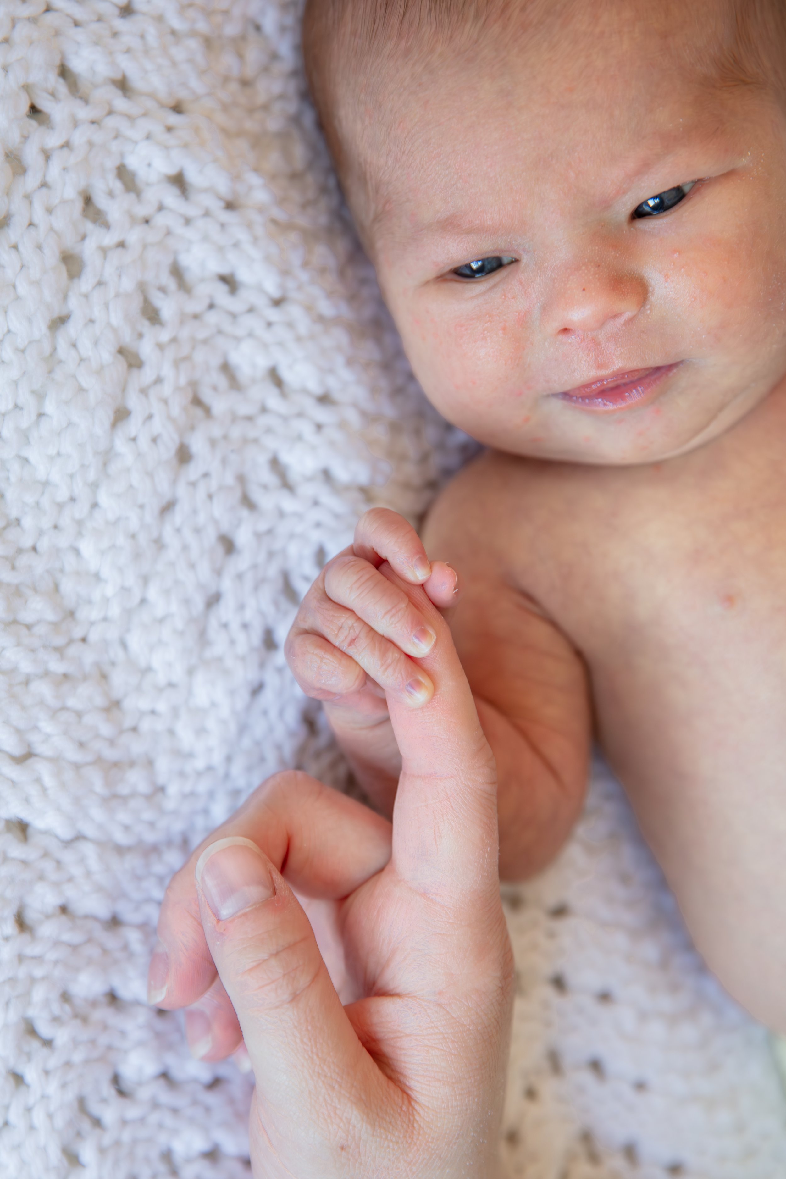 Newborn in-home session, up close image of baby's hand holding mother's finger.