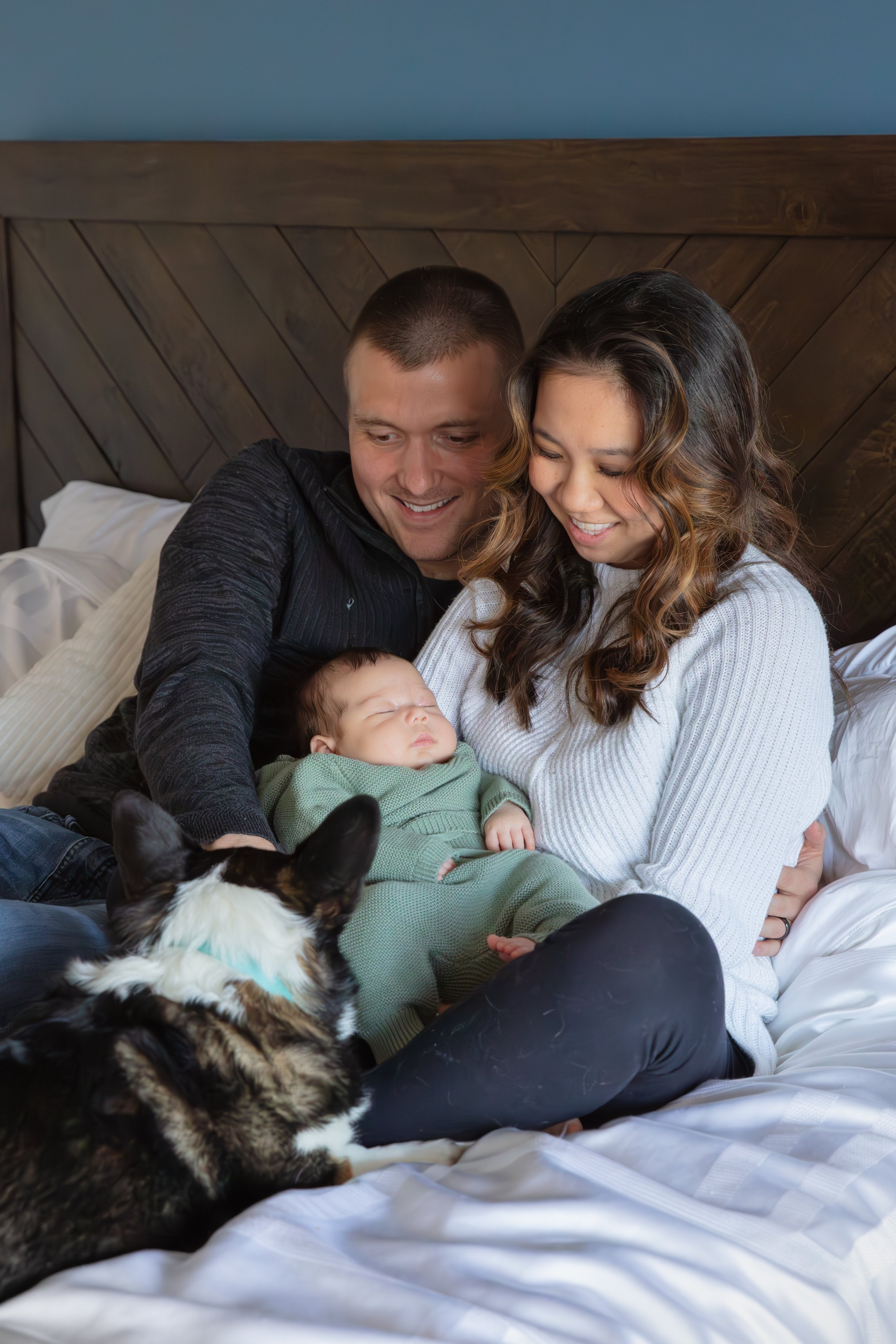 Newborn session, baby asleep in mother's arms while mother and father sit on their bed looking at their dog in front of them.