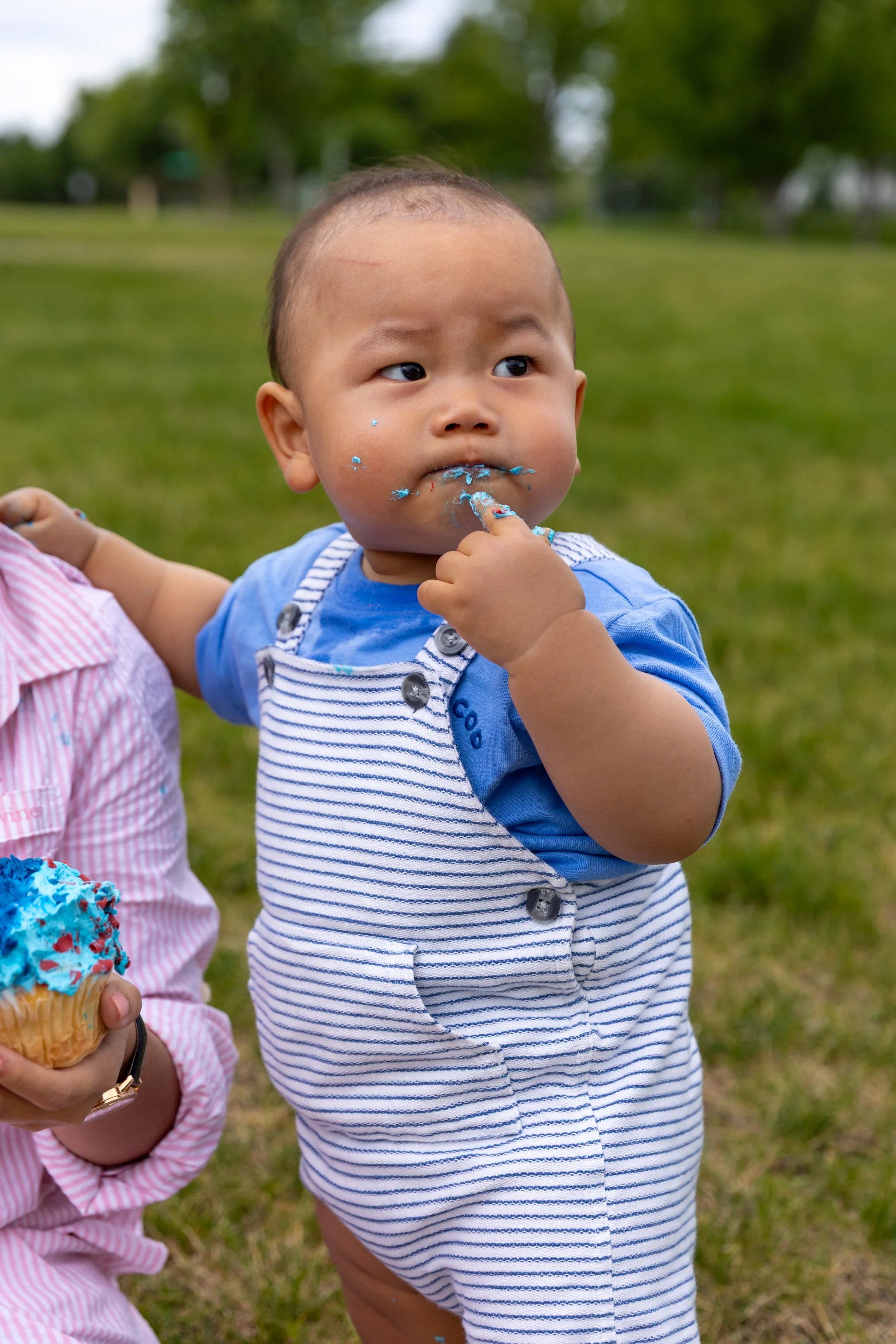 A one year old in white and blue striped overalls stands in the grass in a St. Paul park with a cupcake being held in front of him while he eats it with frosting on his face.
