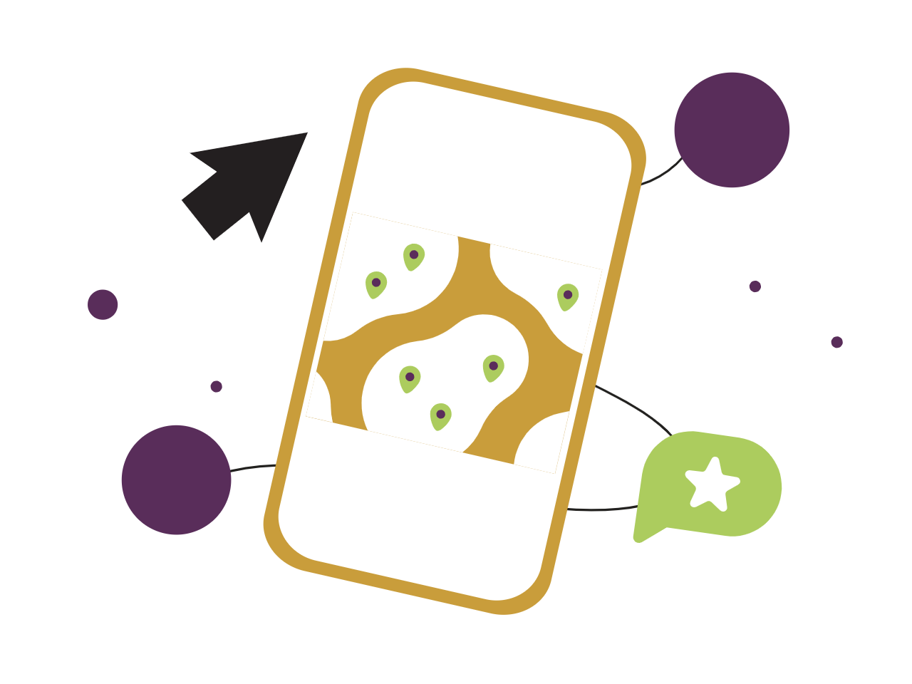 Illustration of a smartphone with a map displayed on the screen, showing green location markers on white and brown terrain. Surrounding the phone are various purple and white circles and a green speech bubble with a white star, connected by lines.