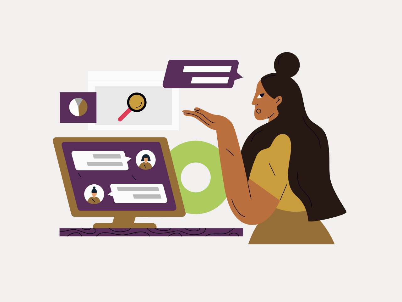 Illustration of a woman talking in front of a computer monitor with speech bubbles and icons representing chat, search, and social media.