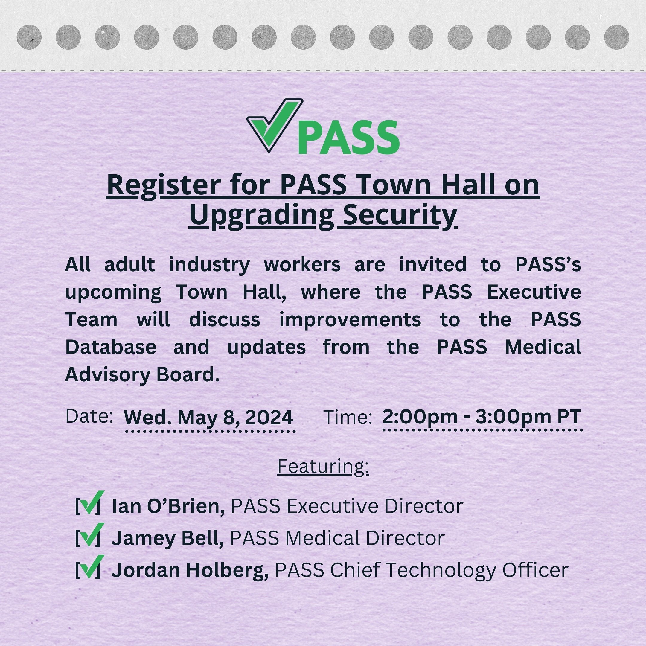 On Wednesday, May 8, we will be hosting a Town Hall via Zoom, to go over improvements to the PASS Database + the latest updates from the PASS Medical Advisory Board.

Register today &amp; mark your calendars! 🗓️

Register: https://zoom.us/webinar/re