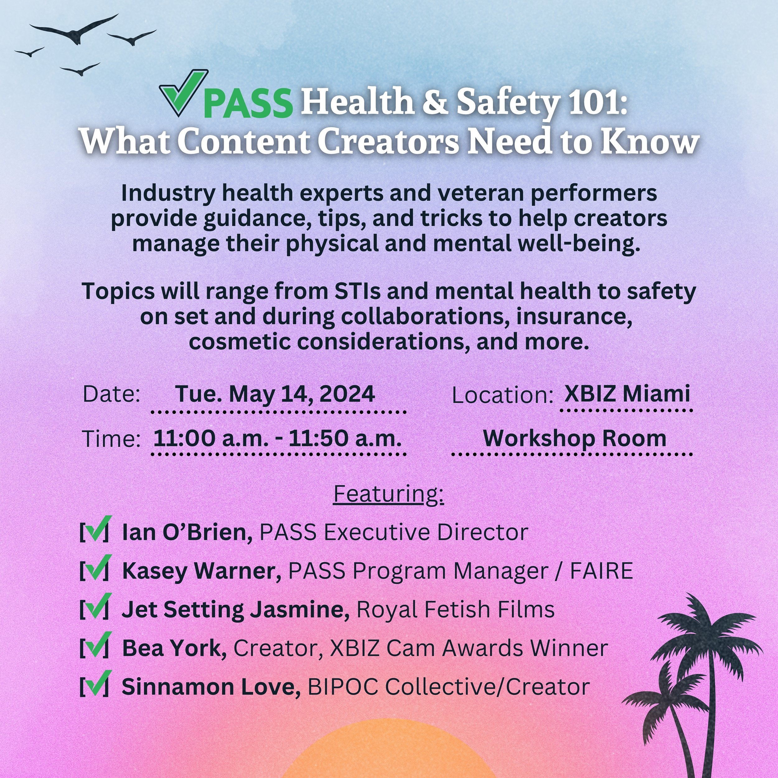 Join us in the Workshop Room at @xbizshows Miami on Tuesday, May 14 at 11:00 a.m. Questions welcomed! 🌴

Featuring:
✅ Ian O&rsquo;Brien
✅ @realkaseywarner 
✅ @jetsettingjasminetm
✅ @ubeayork 
✅ @iamsinnamonlove 

#PASScertified #healthandsafety #non