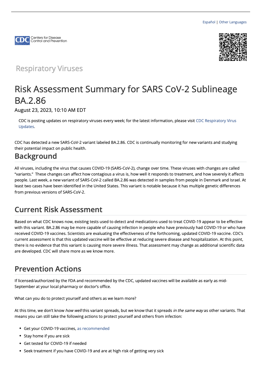 Risk Assessment Summary for SARS CoV-2 SublineageBA.2.86 (CDC) — PASS ...