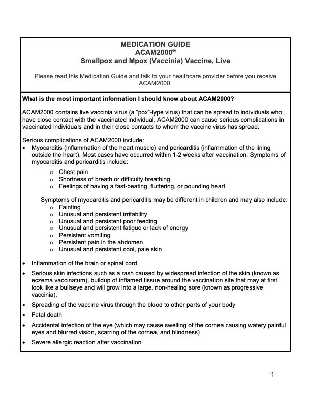 MEDICATION GUIDE ACAM2000® Smallpox and Mpox (Vaccinia) Vaccine, Live ...