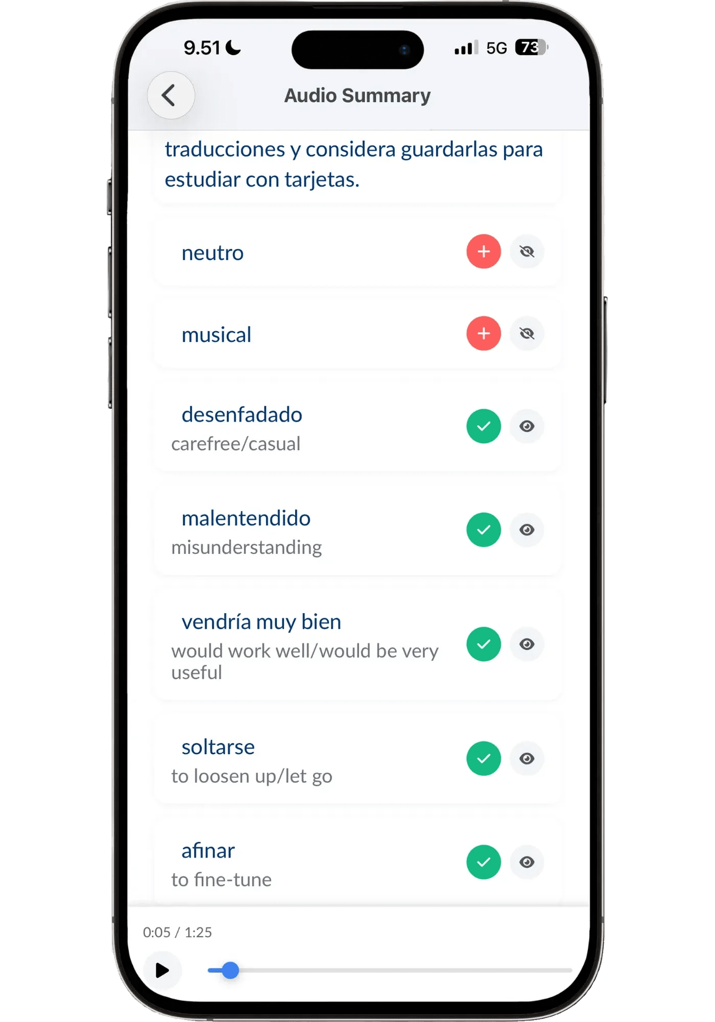 Langua audio summary listing key Spanish words and phrases with English translations, ready to save for review.