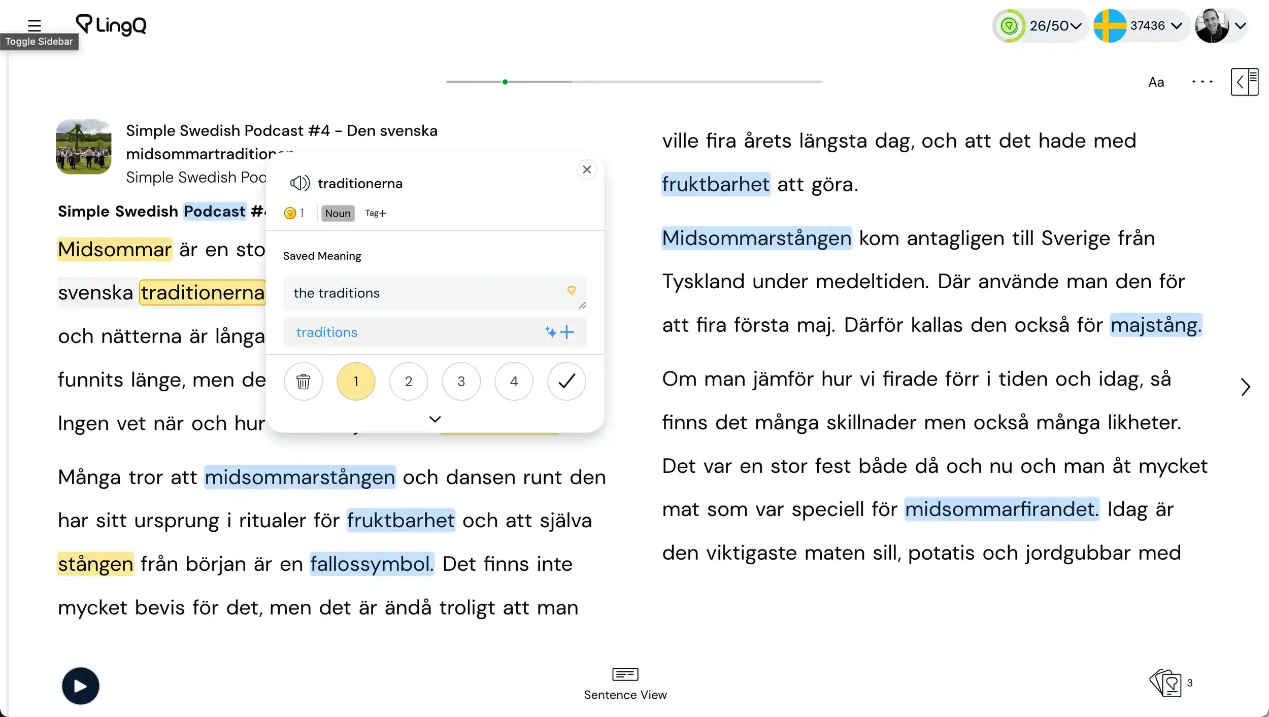 LingQ's reader showing a Swedish lesson about midsummer traditions, with a word lookup popup displaying the translation and saved meaning for a highlighted word, and known/unknown words colour-coded throughout the text.