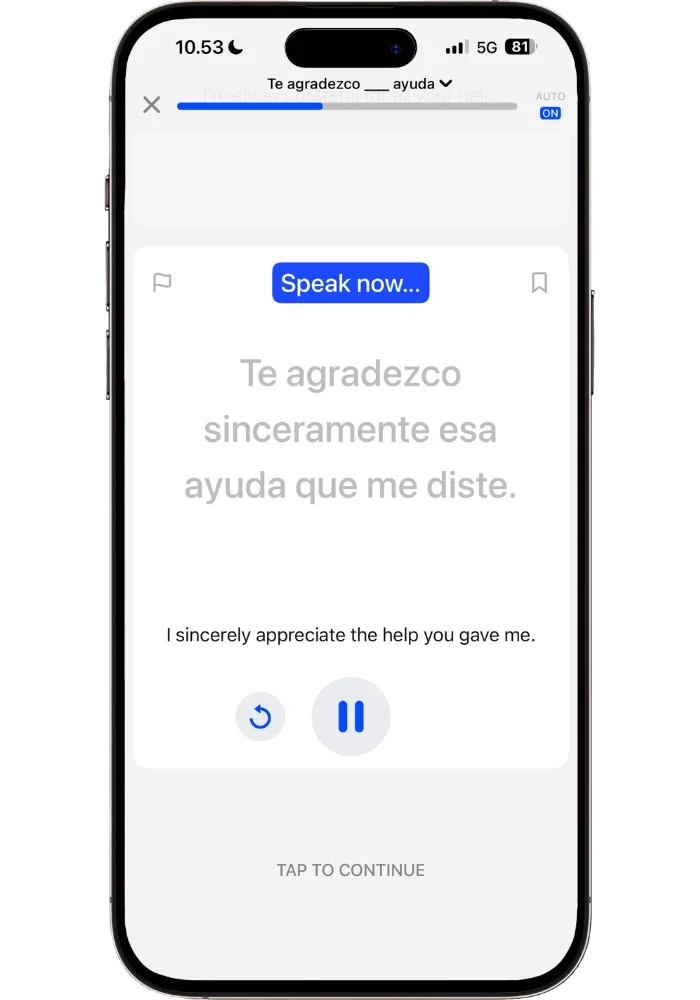 Speak app generating an additional custom drill sentence using the same grammatical pattern 'Te agradezco sinceramente esa ayuda que me diste' to reinforce the correct usage