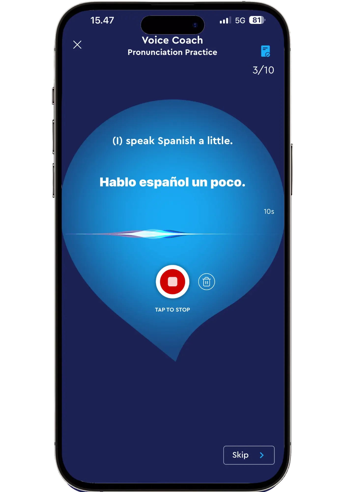 Pimsleur's Voice Coach recording a learner saying a Spanish phrase, "Hablo español un poco," for pronunciation practice.