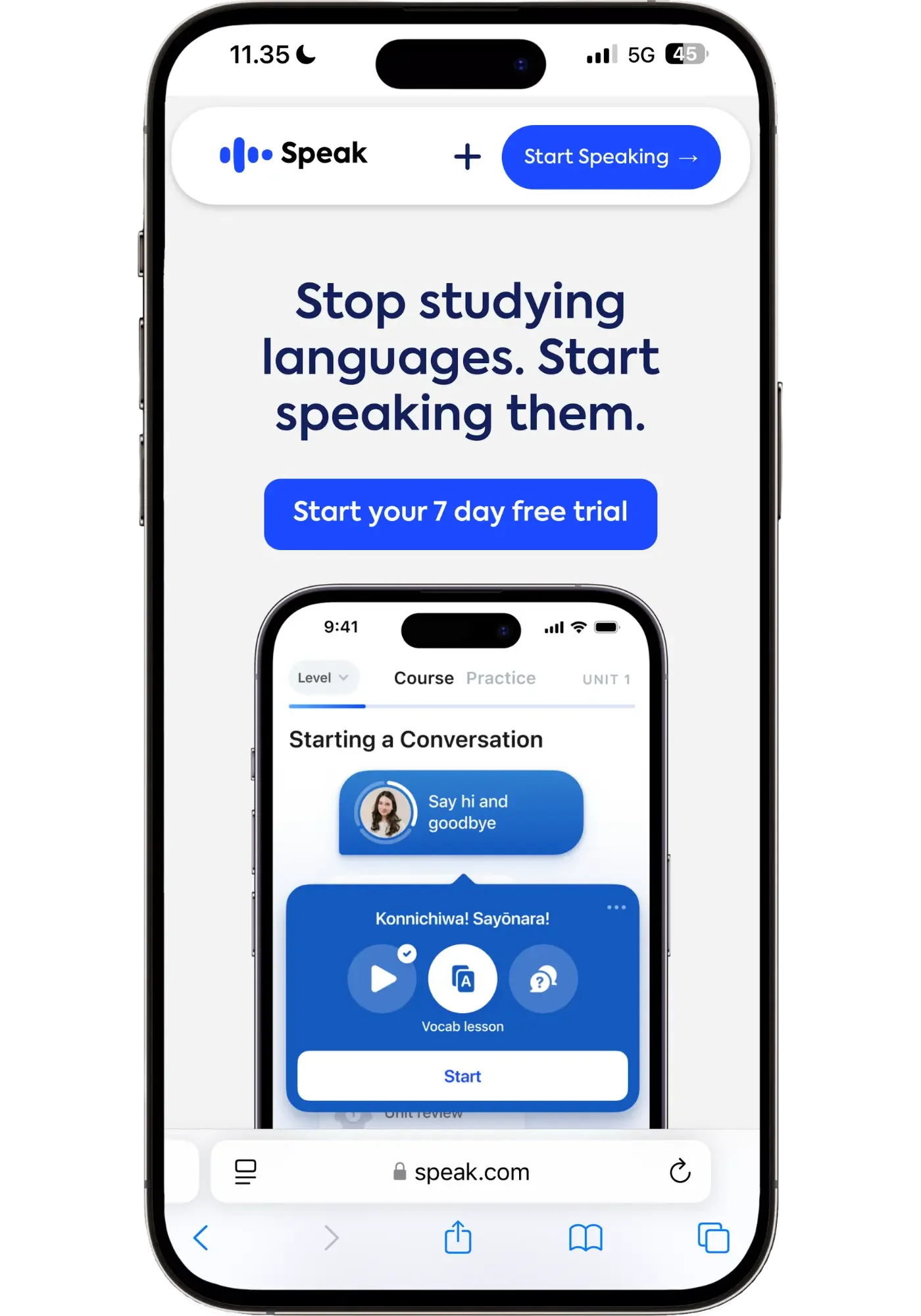Speak app homepage on mobile showing the tagline "Stop studying languages. Start speaking them." with a blue "Start your 7 day free trial" button.