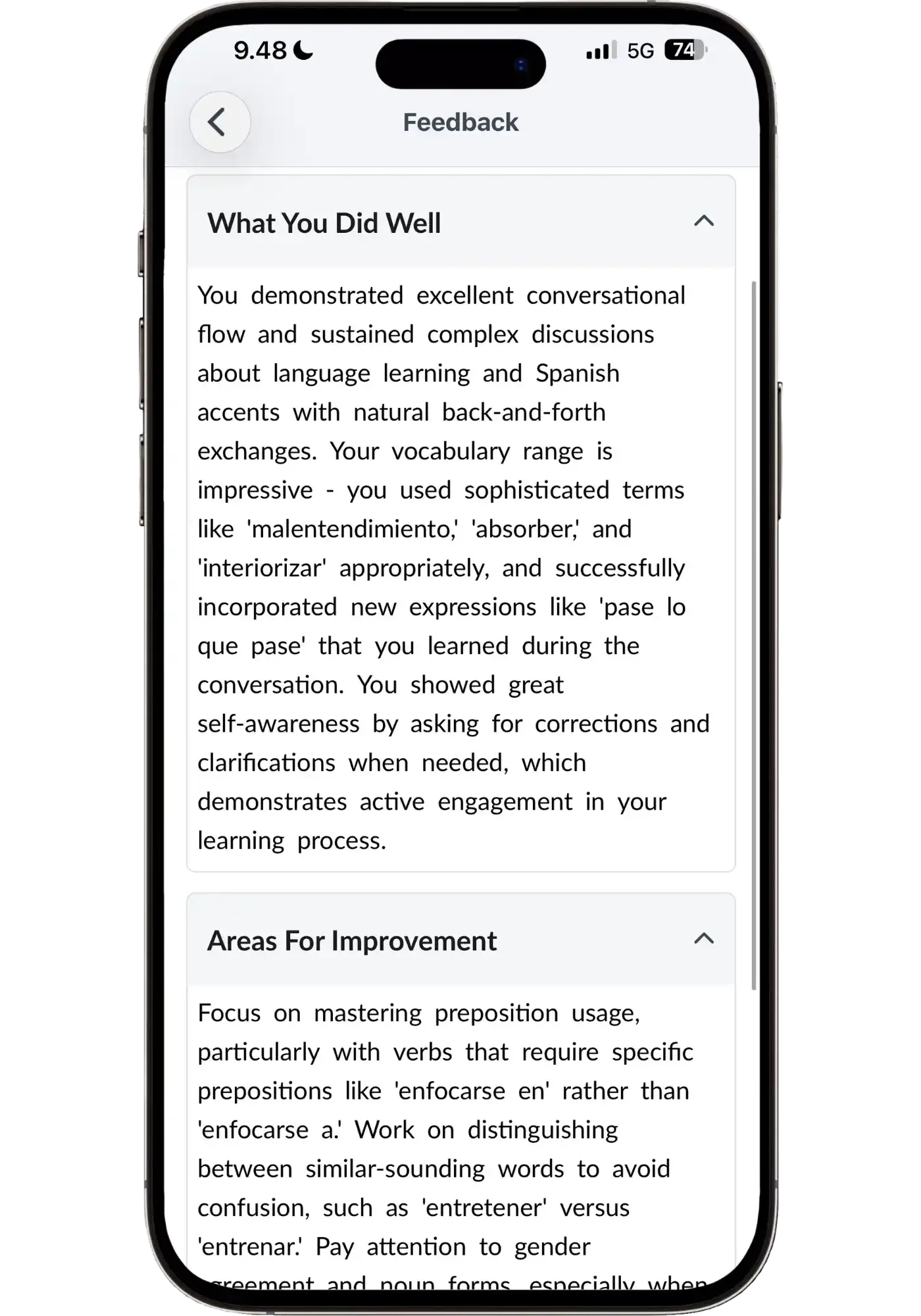 Langua post-conversation feedback report highlighting Spanish conversational strengths and areas for improvement.