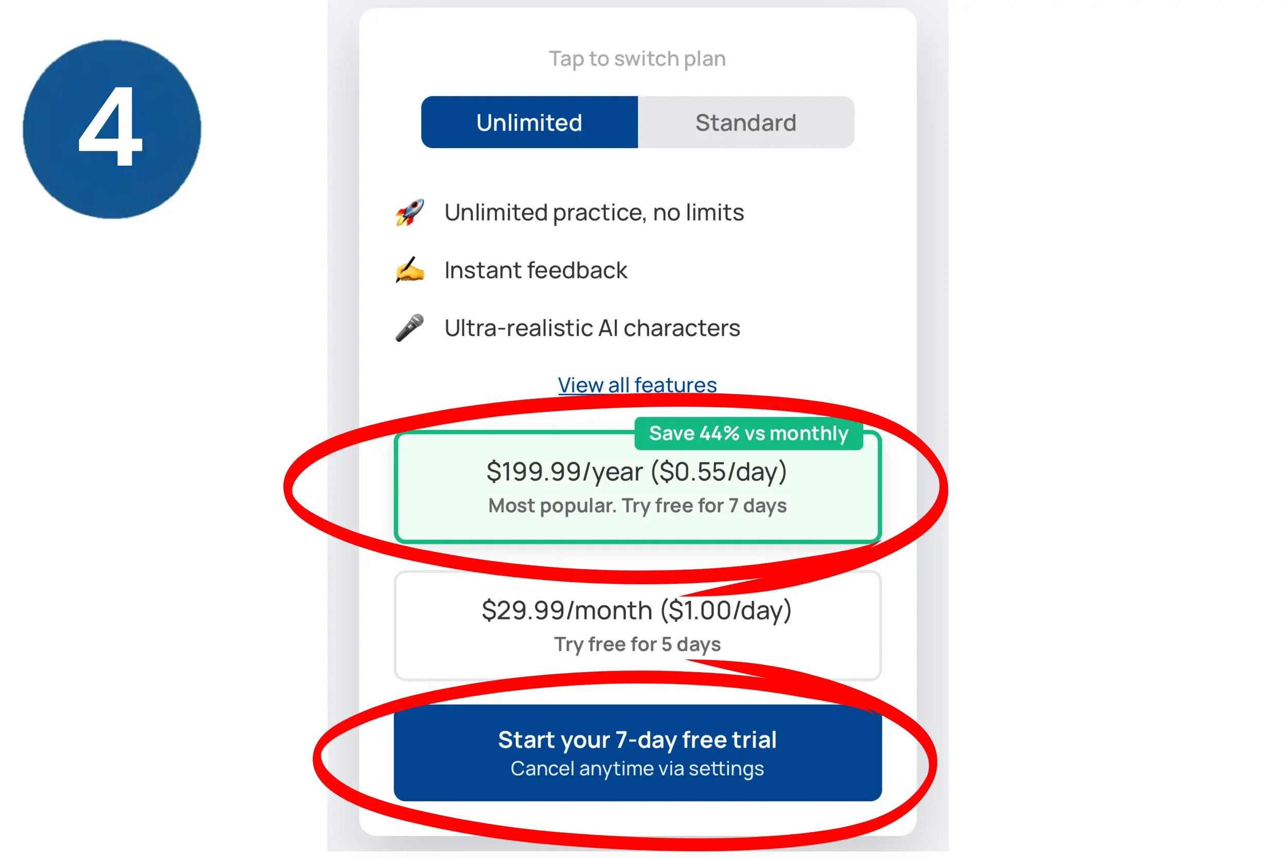 Langua's plan options with Unlimited selected, the $199.99/year plan and the "Start your 7-day free trial" button circled, marked as step 4.