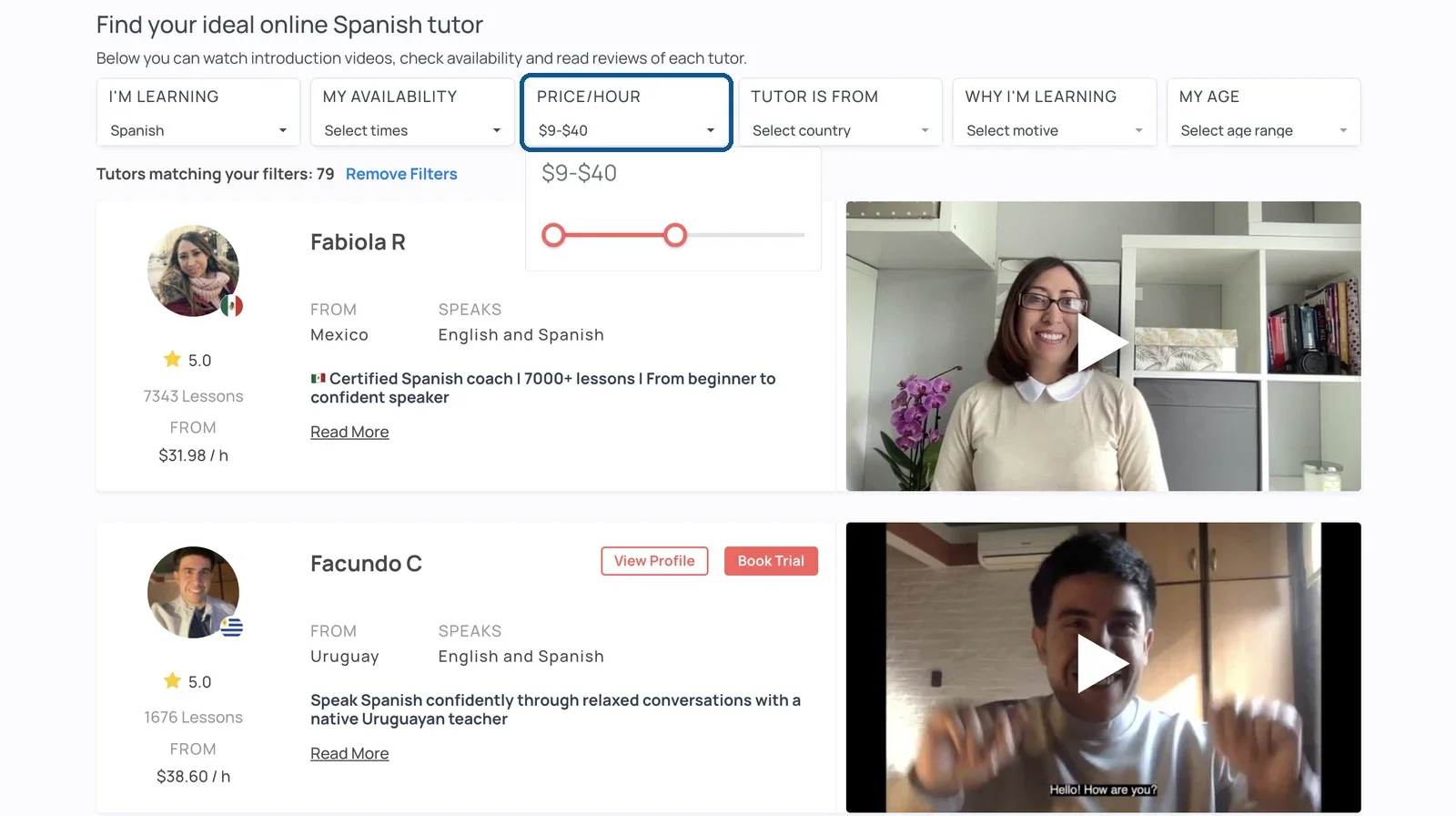 LanguaTalk Spanish tutor search with the Price/Hour filter set to $9–$40, showing two tutors and their hourly prices